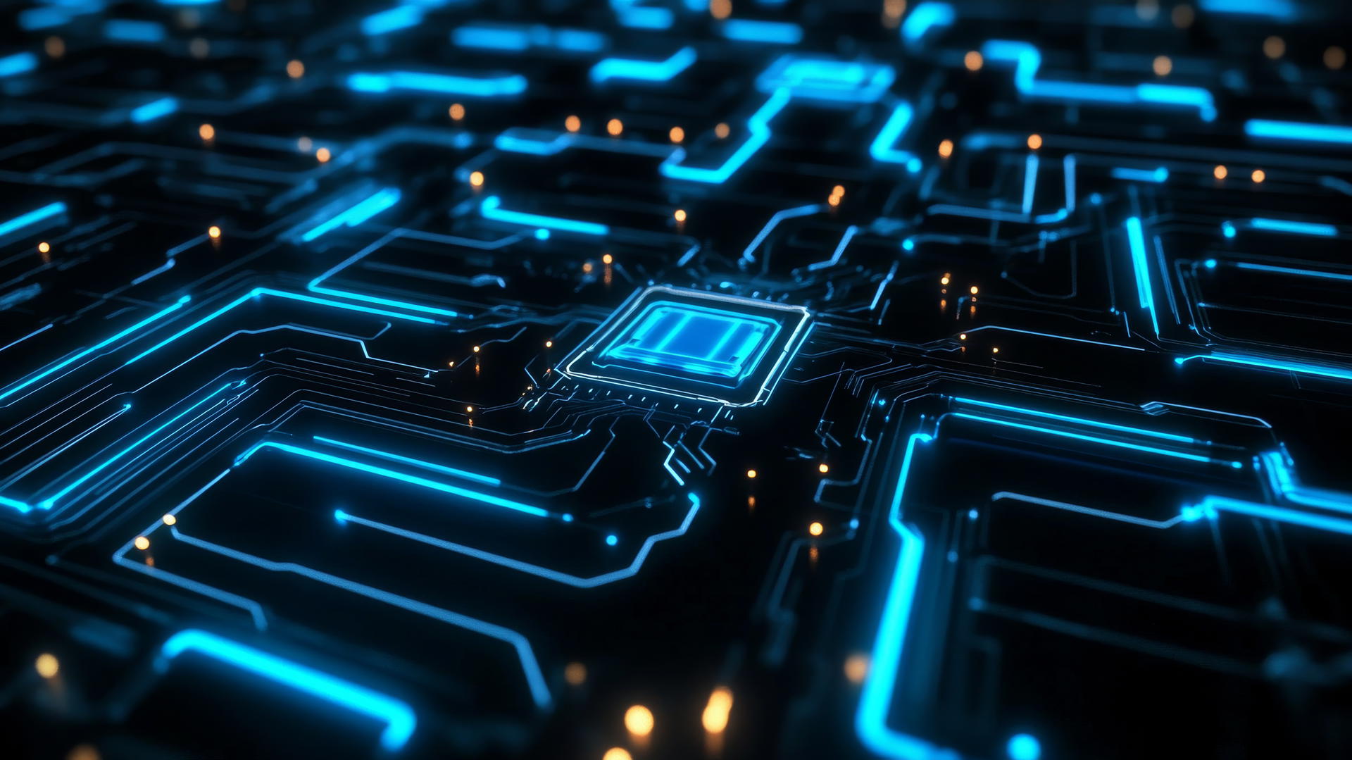 Black and blue wallpaper with a futuristic circuit board design, glowing blue lines and nodes on matte black background.