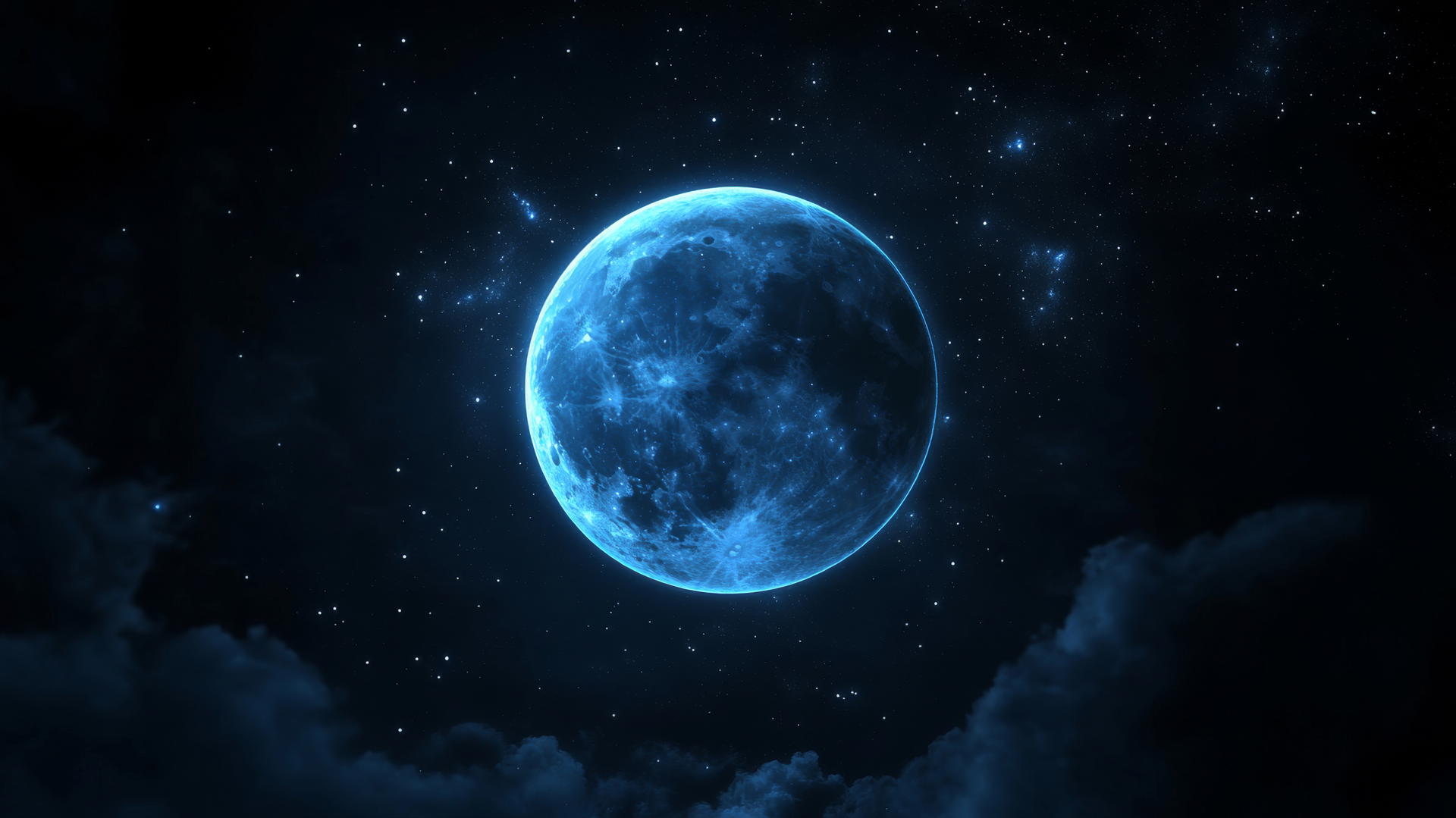 black and blue wallpaper celestial blue moon glowing in pitch-black sky with stars