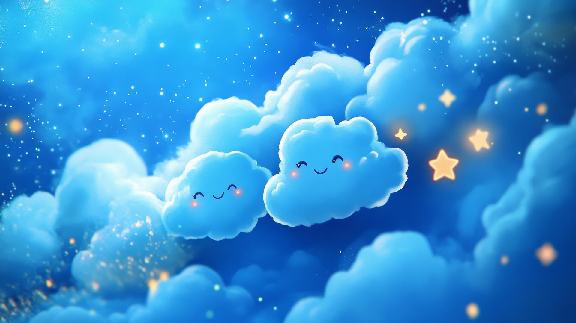 Cute blue wallpaper with fluffy clouds and twinkling stars