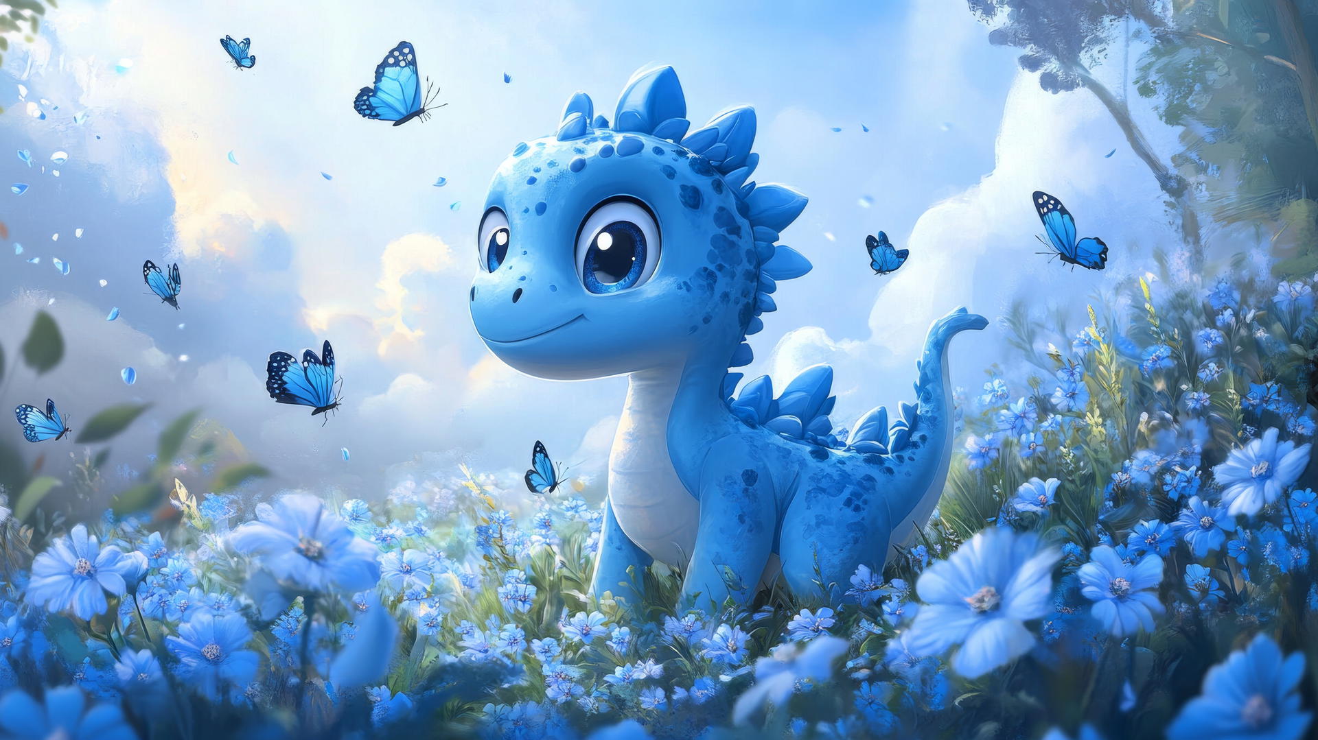 Cute blue wallpaper of a cartoon blue dinosaur with big eyes and a playful smile