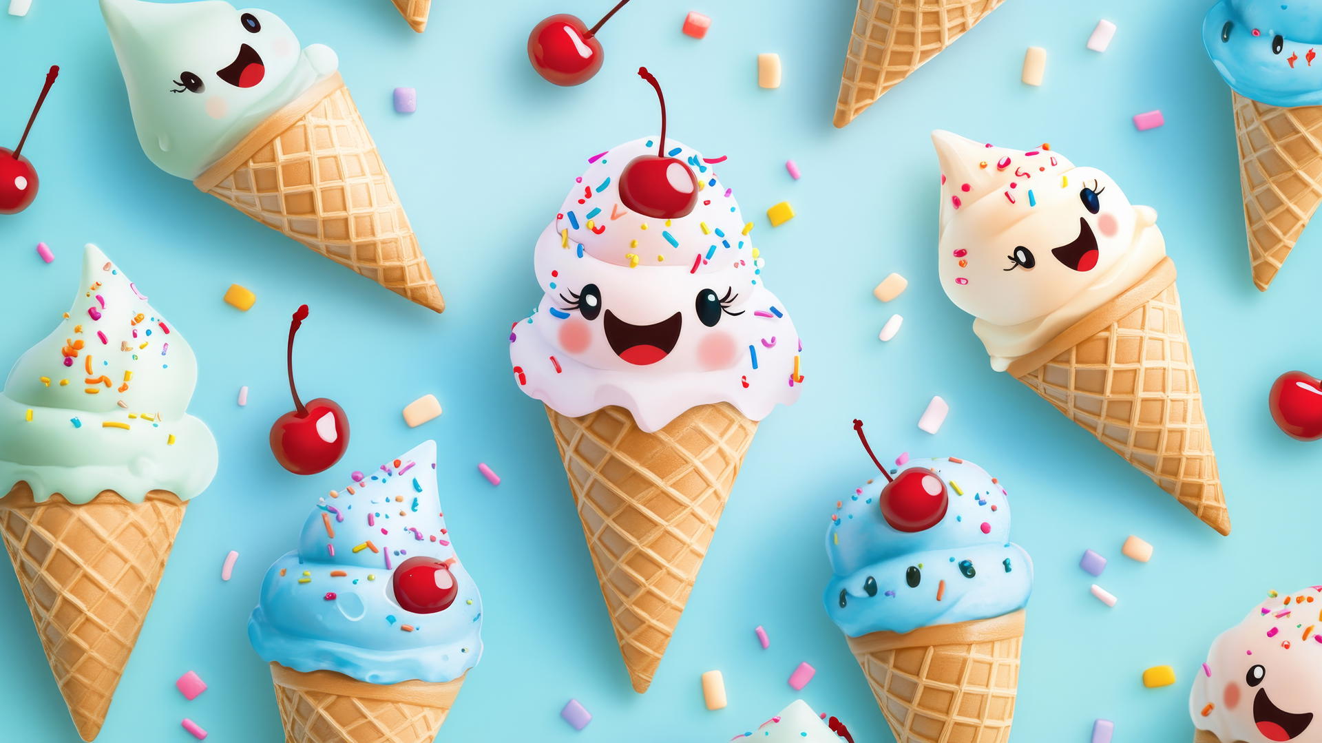 cute blue wallpaper with cartoon ice cream cones, blue scoops, cute faces, sprinkles, cherry toppings