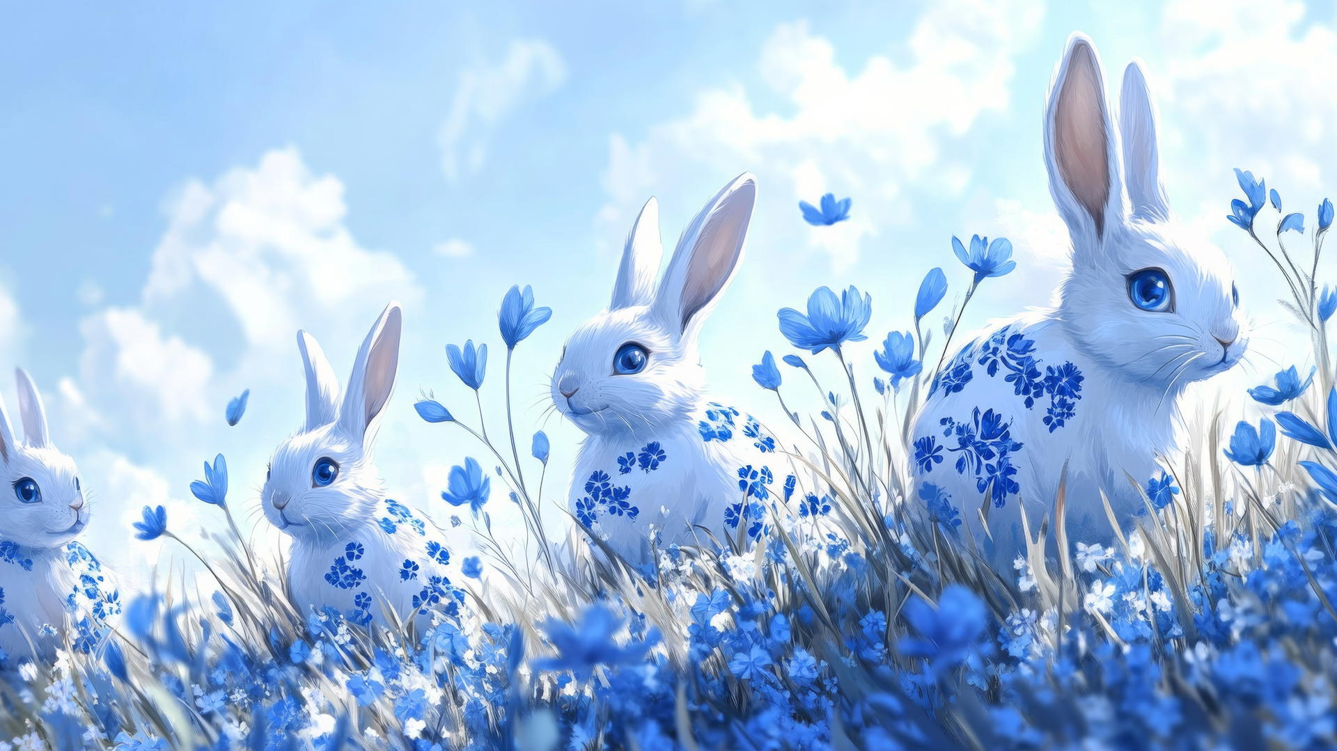 cute blue wallpaper with cartoon bunnies and blue floral patterns