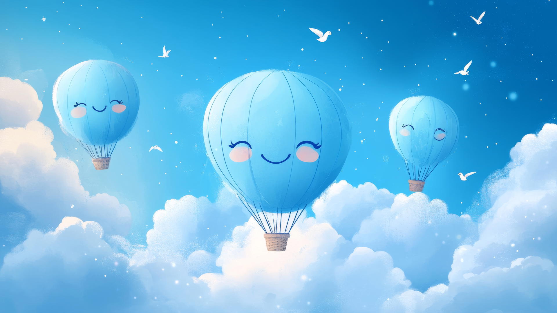 cute blue wallpaper with smiling blue hot air balloons, clouds, and birds
