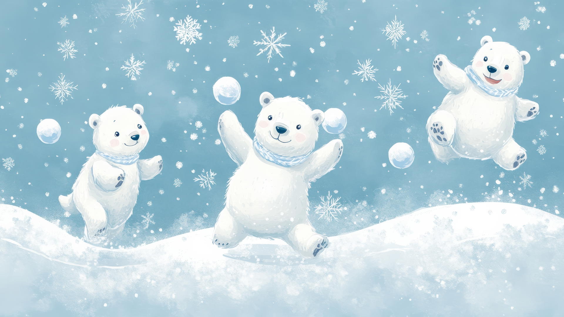 Cute blue wallpaper with cartoon polar bears playing on ice and snow.