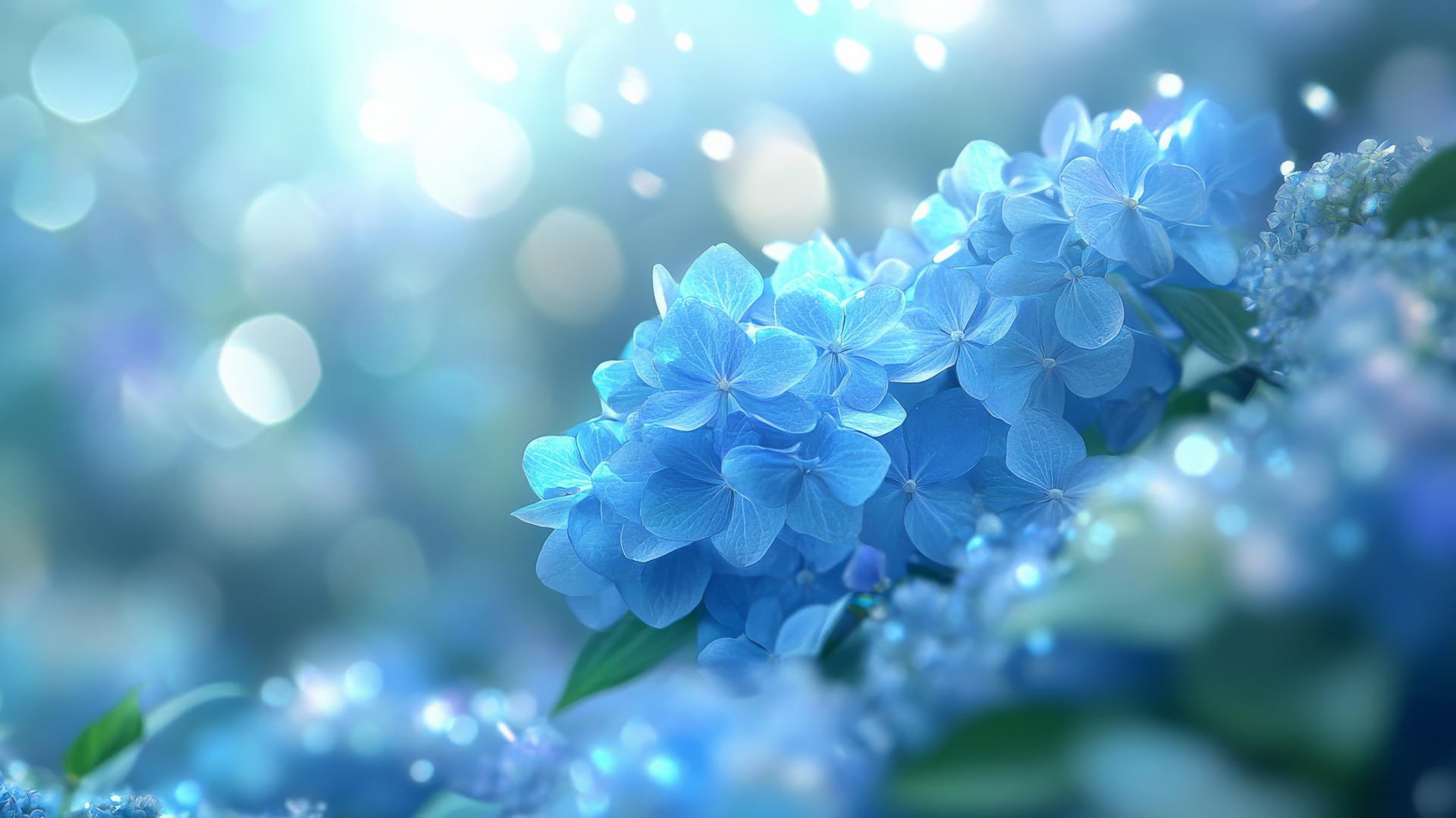 close-up of blue hydrangea flowers with a glowing effect against a blurred garden background, blue flower wallpaper