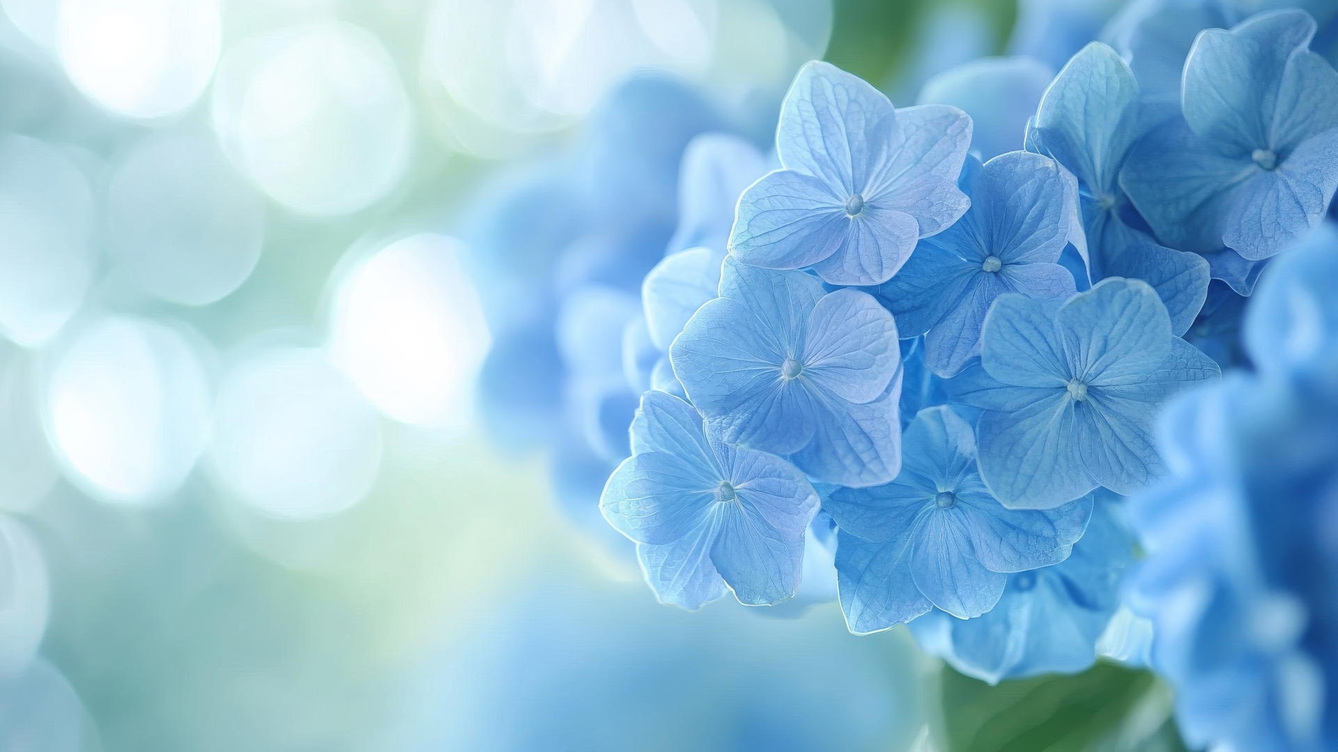 blue flower wallpaper with glowing blue hydrangea petals against blurred garden background