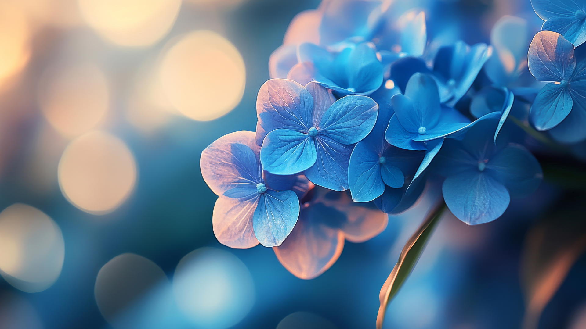 Close-up of glowing blue hydrangea petals against a blurred garden background