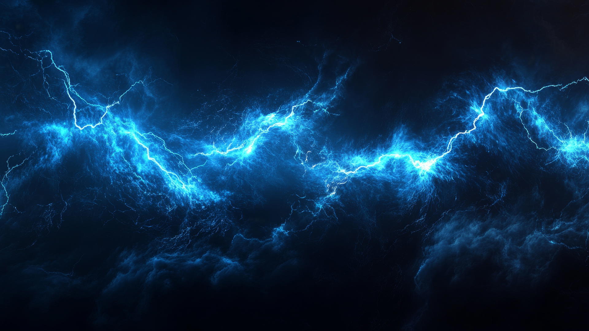 black and blue wallpaper with neon blue lightning and illuminated clouds