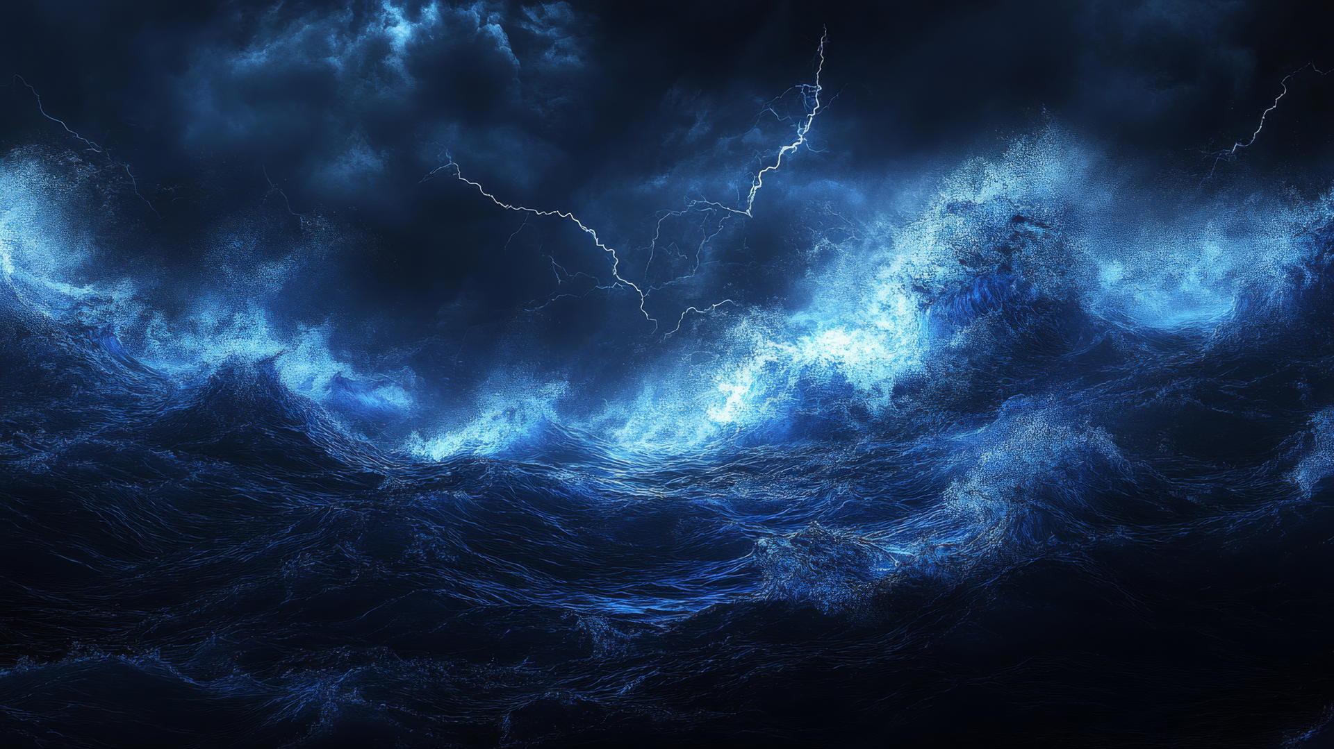 Black and blue wallpaper with blue ocean waves and stormy black sky.
