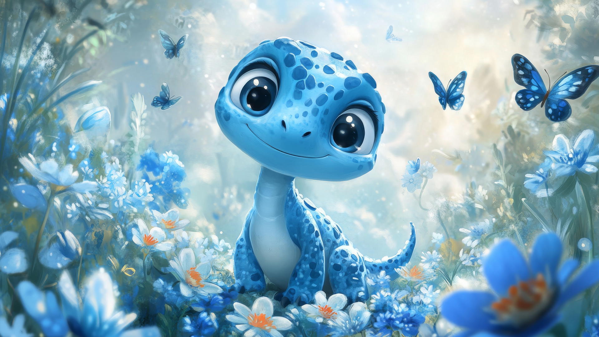 cute blue wallpaper with a cartoon blue dinosaur in a field of blue flowers