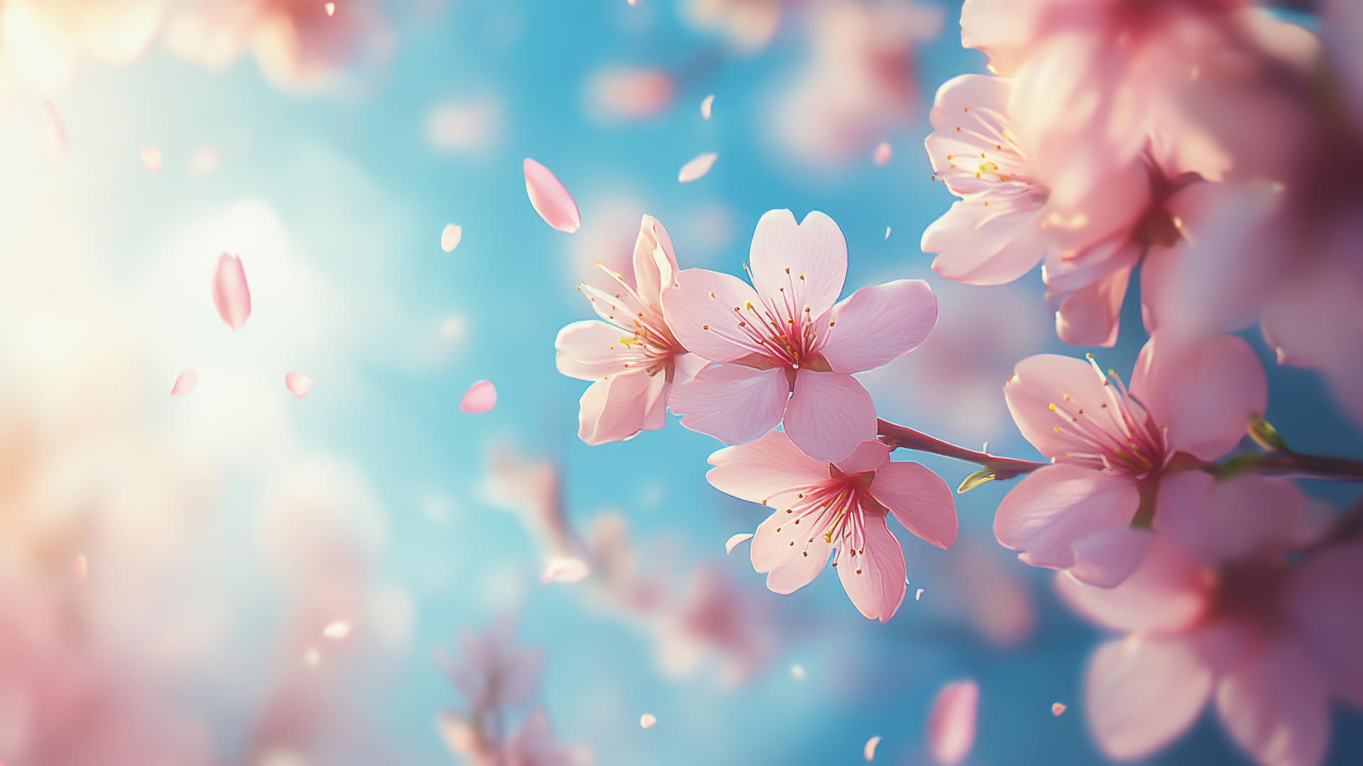 pink and blue wallpaper with delicate cherry blossoms against bright blue sky
