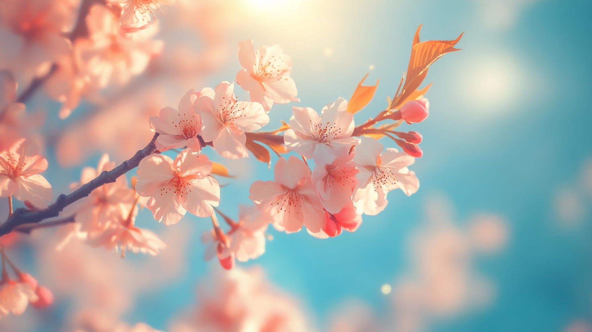 pink and blue wallpaper with cherry blossoms swaying against a bright blue sky