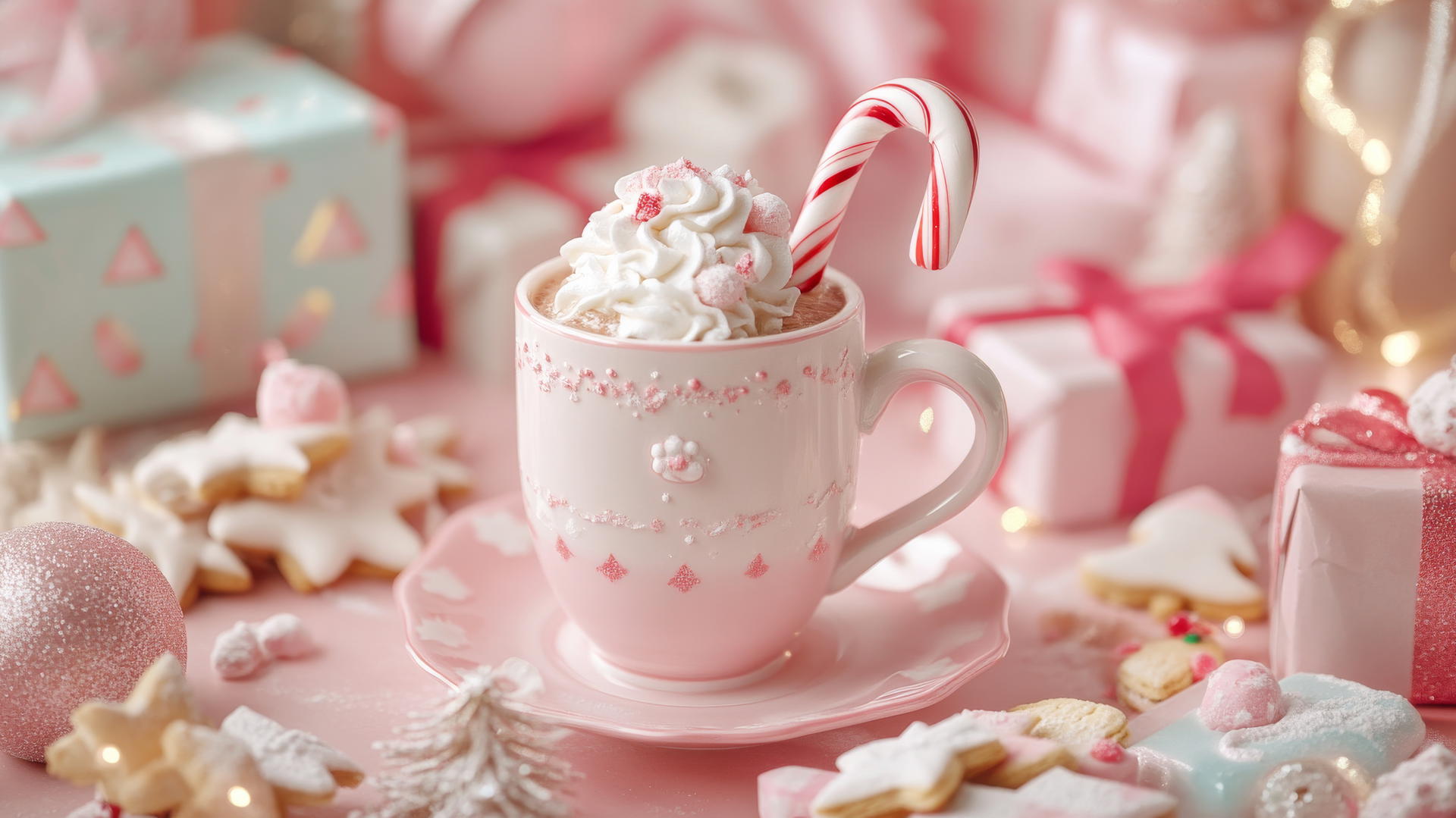 girly cute Christmas wallpaper with hot chocolate, whipped cream, candy cane, pastel presents, and cookies