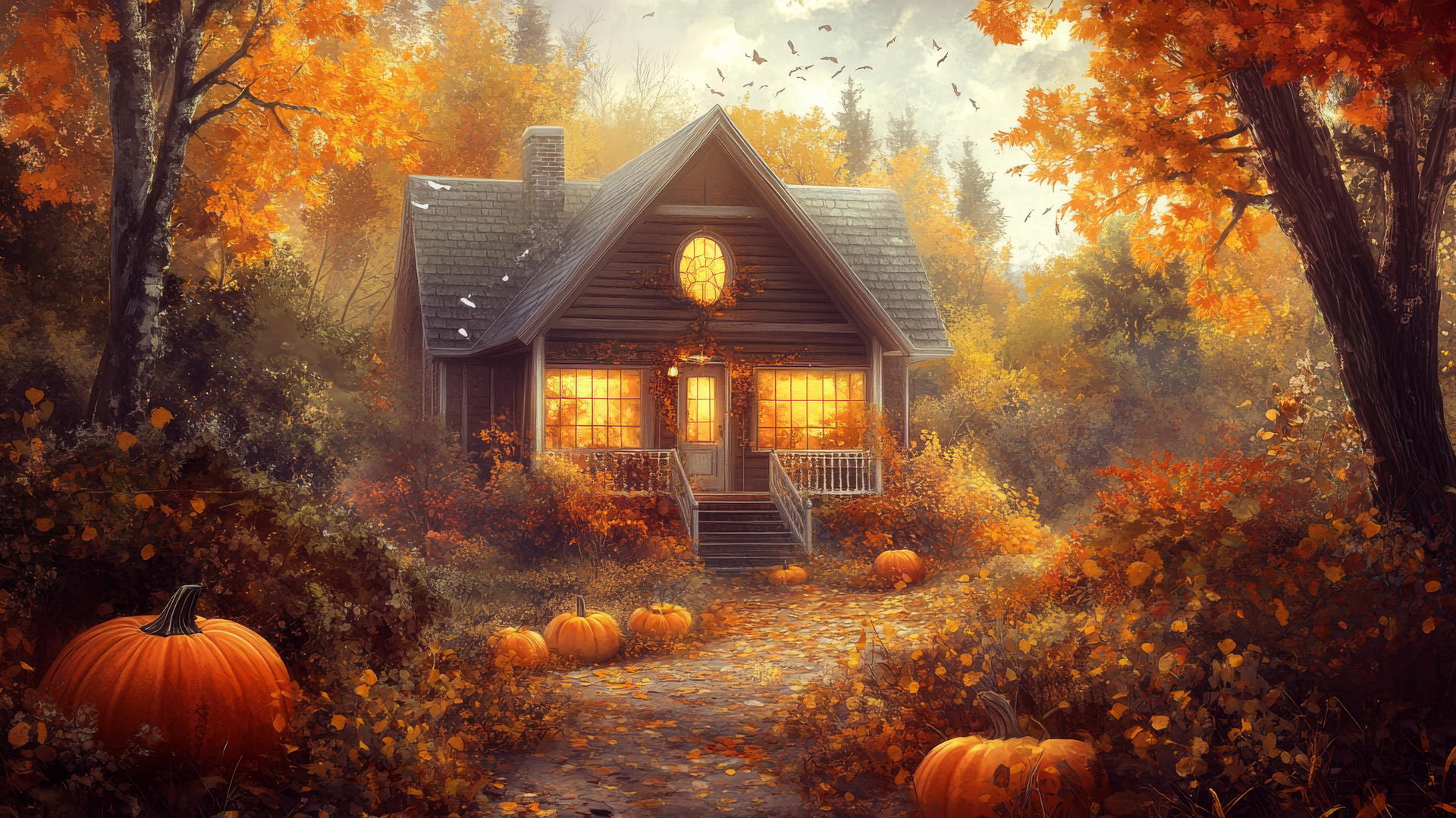 Thanksgiving wallpaper with a farmhouse, fall foliage, and pumpkins on the porch