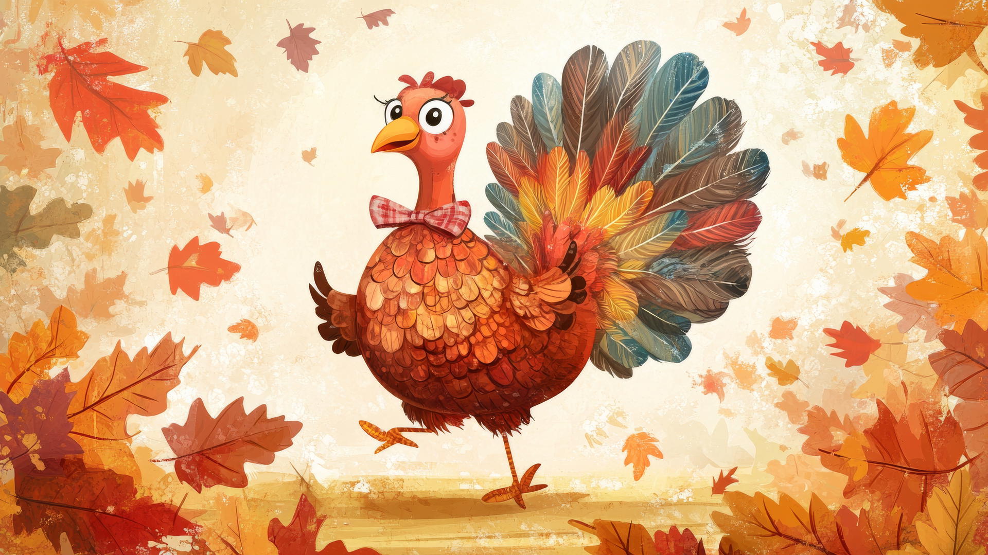 cute thanksgiving wallpaper with a turkey, colorful feathers, bow tie, and falling leaves