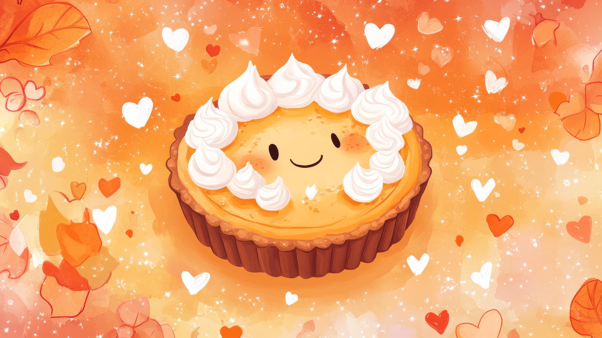 thanksgiving wallpaper cute with a smiling pumpkin pie, whipped cream, and hearts