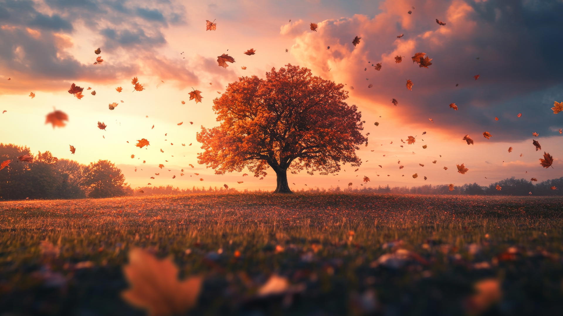 Thanksgiving wallpaper aesthetic with oak tree in open field, falling leaves, sunset sky