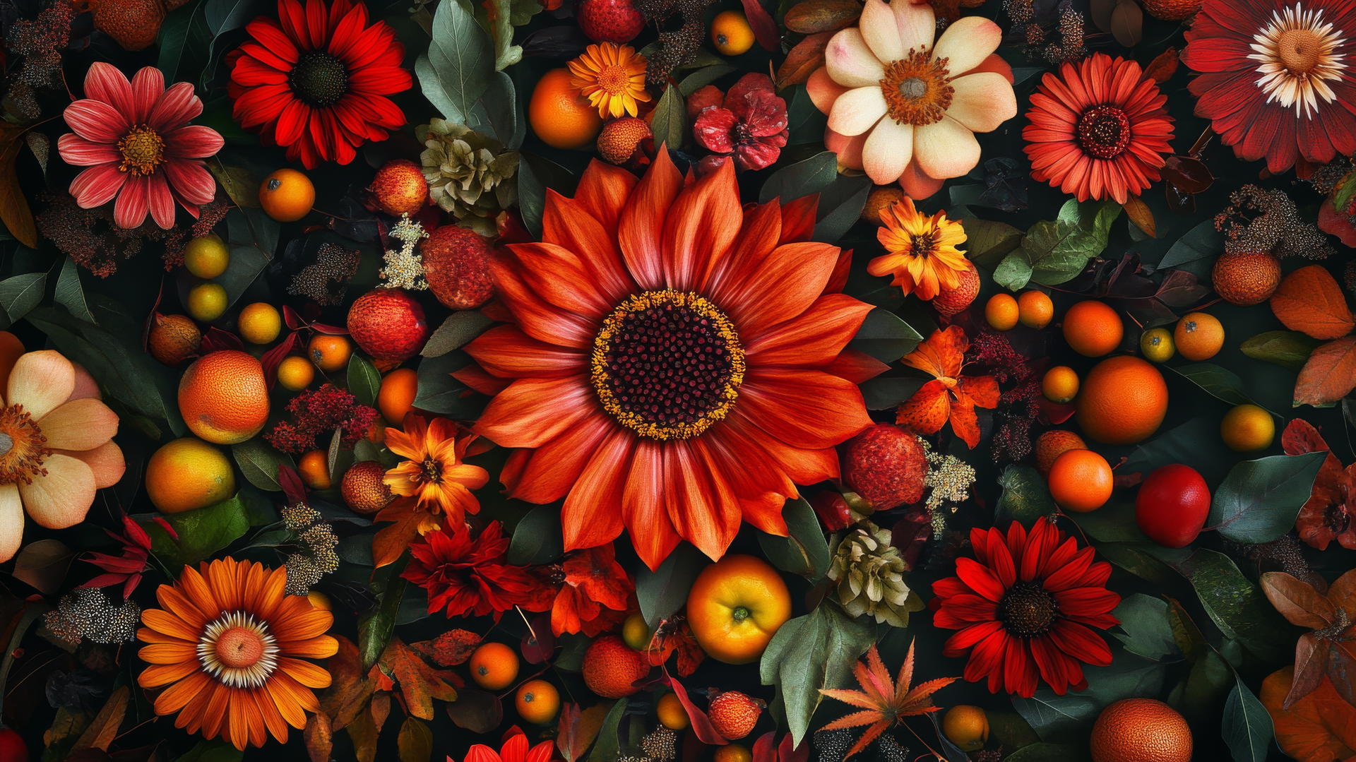 Thanksgiving wallpaper aesthetic with digital flowers, autumn foliage, and fruits in a mandala pattern