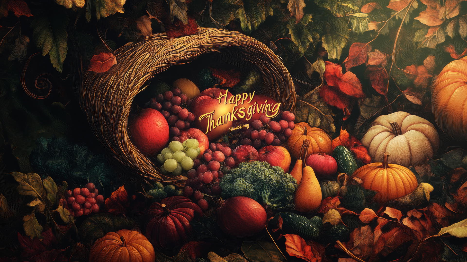 Happy Thanksgiving wallpaper with a cornucopia overflowing with fruits, vegetables, and flowers