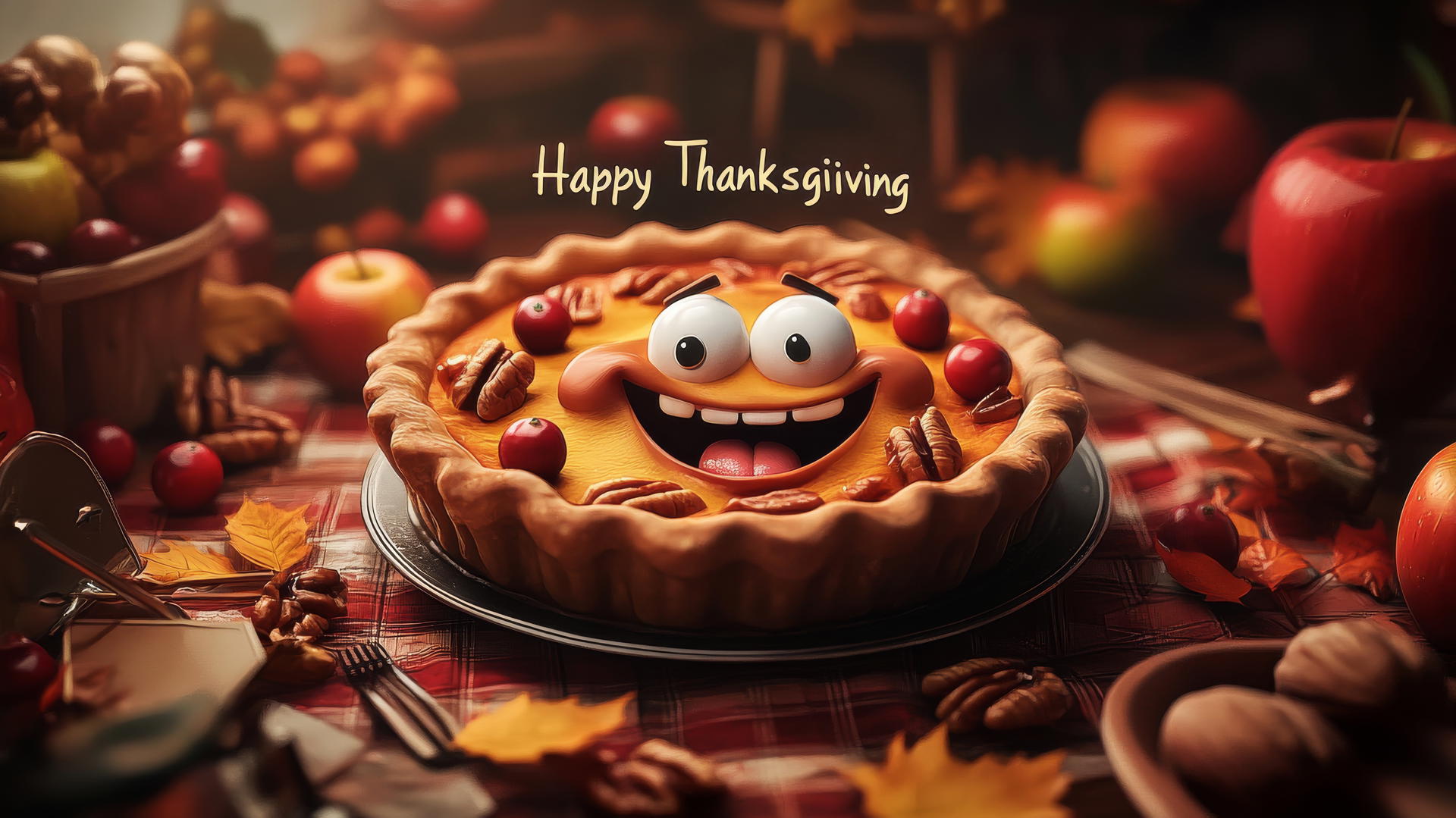 happy thanksgiving wallpaper with smiling pie and bouncing fruit