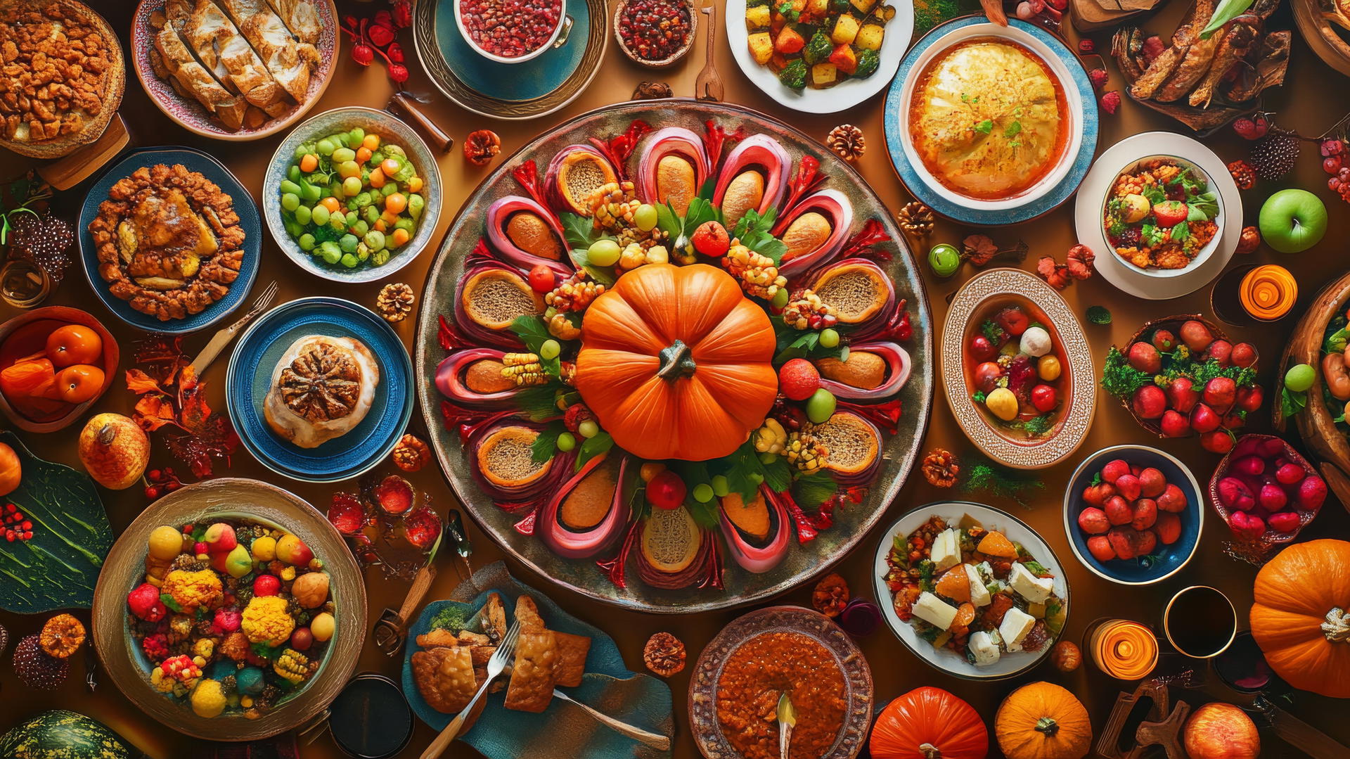 thanksgiving aesthetic wallpaper with colorful dishes arranged in a circular mandala pattern