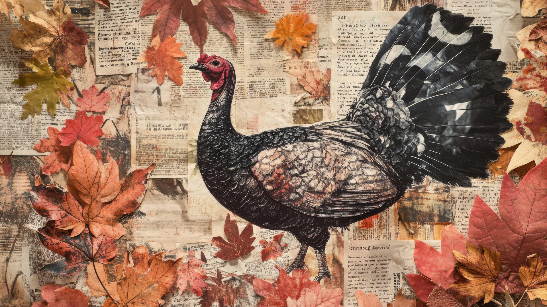Thanksgiving aesthetic wallpaper with turkey illustration, recipes, and leaves