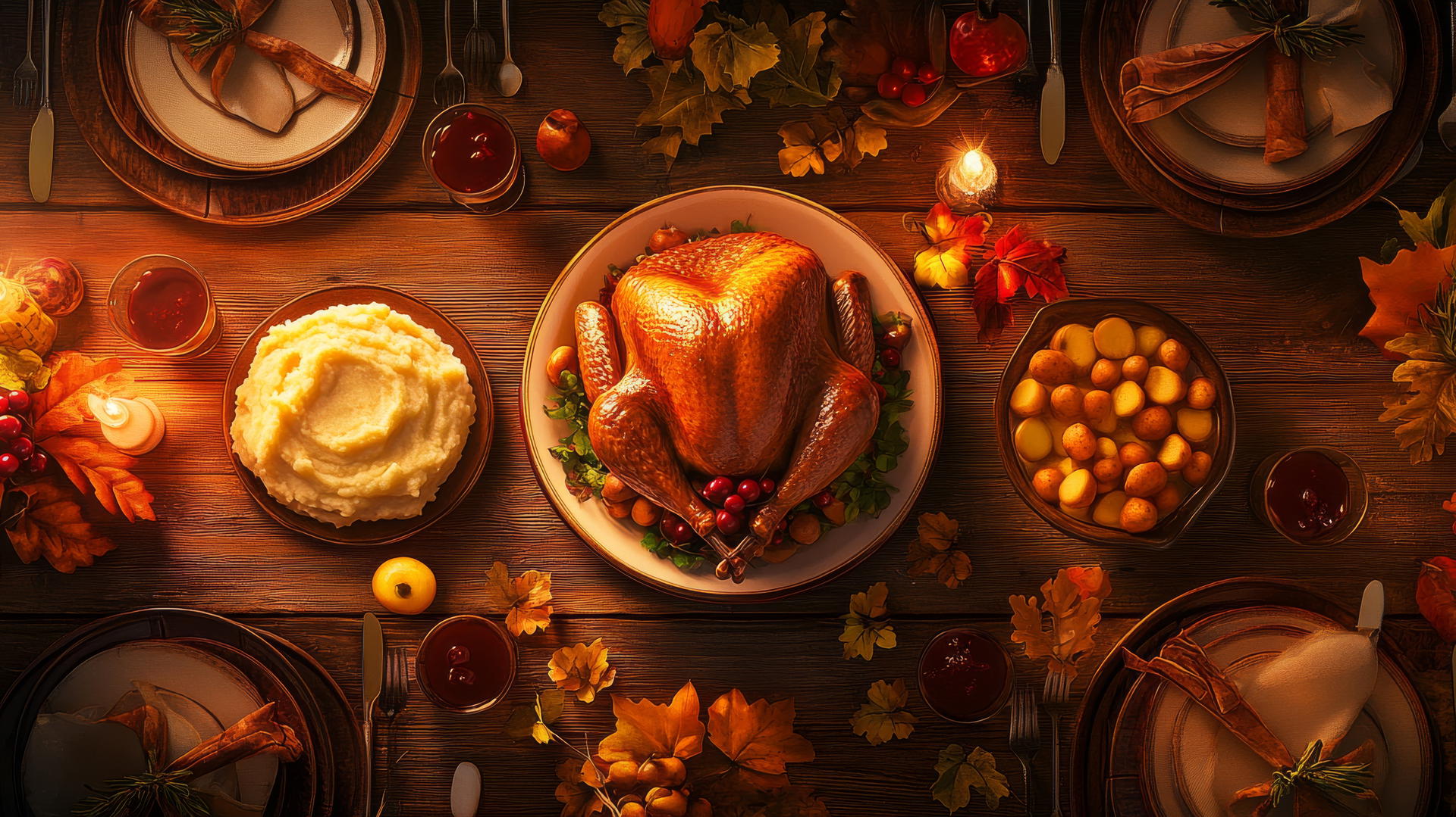 Thanksgiving wallpaper featuring a cozy dinner table with turkey, mashed potatoes, cranberry sauce, and fall decorations
