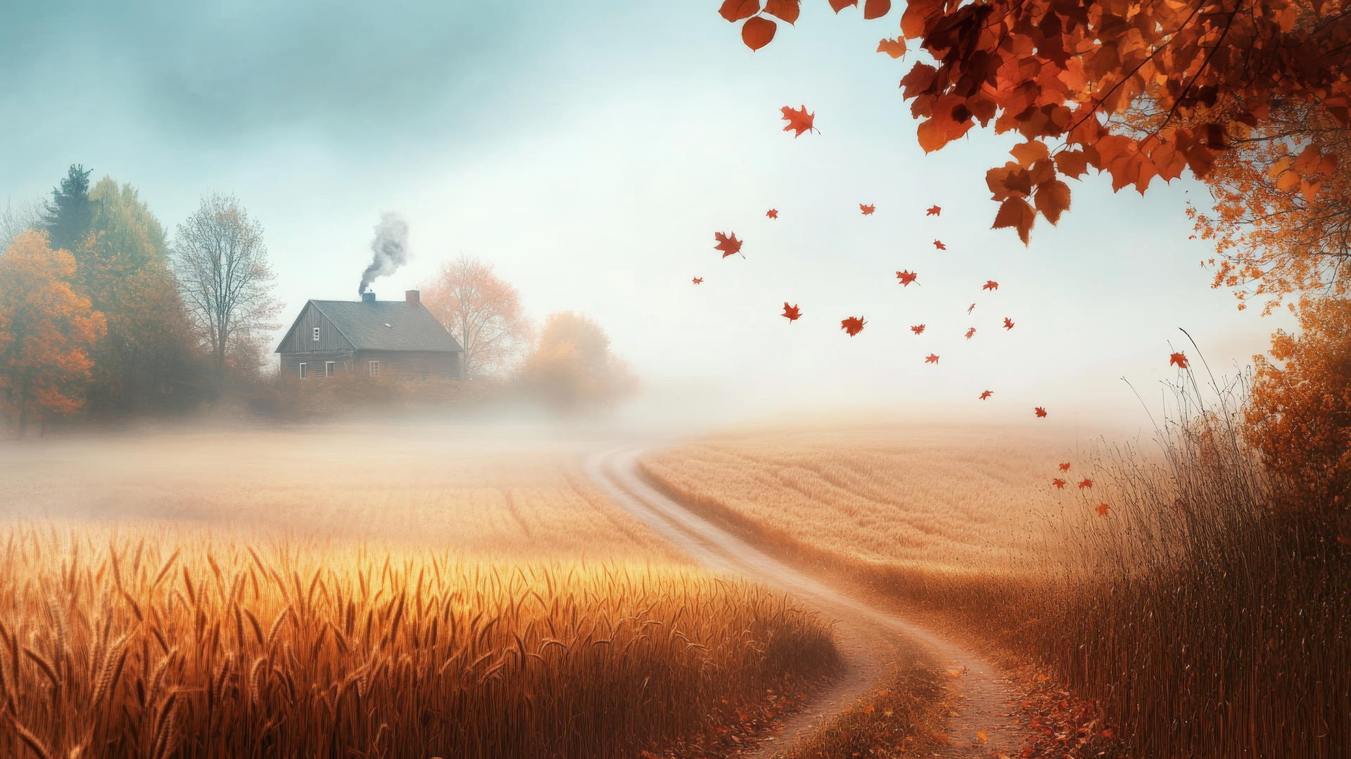 aesthetic thanksgiving wallpaper of misty autumn morning with farmhouse and amber wheat fields