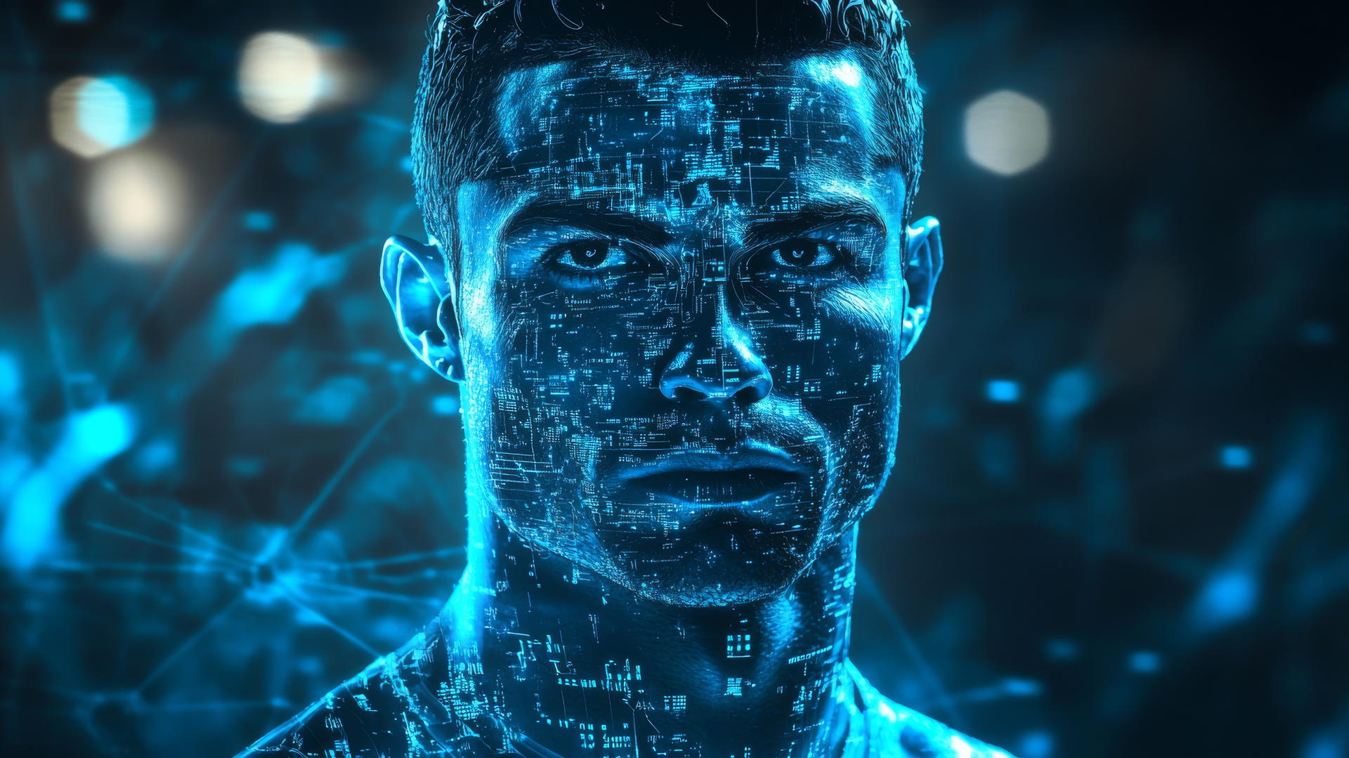 Cristiano Ronaldo wallpaper 4K with futuristic holographic overlay, glowing digital stats