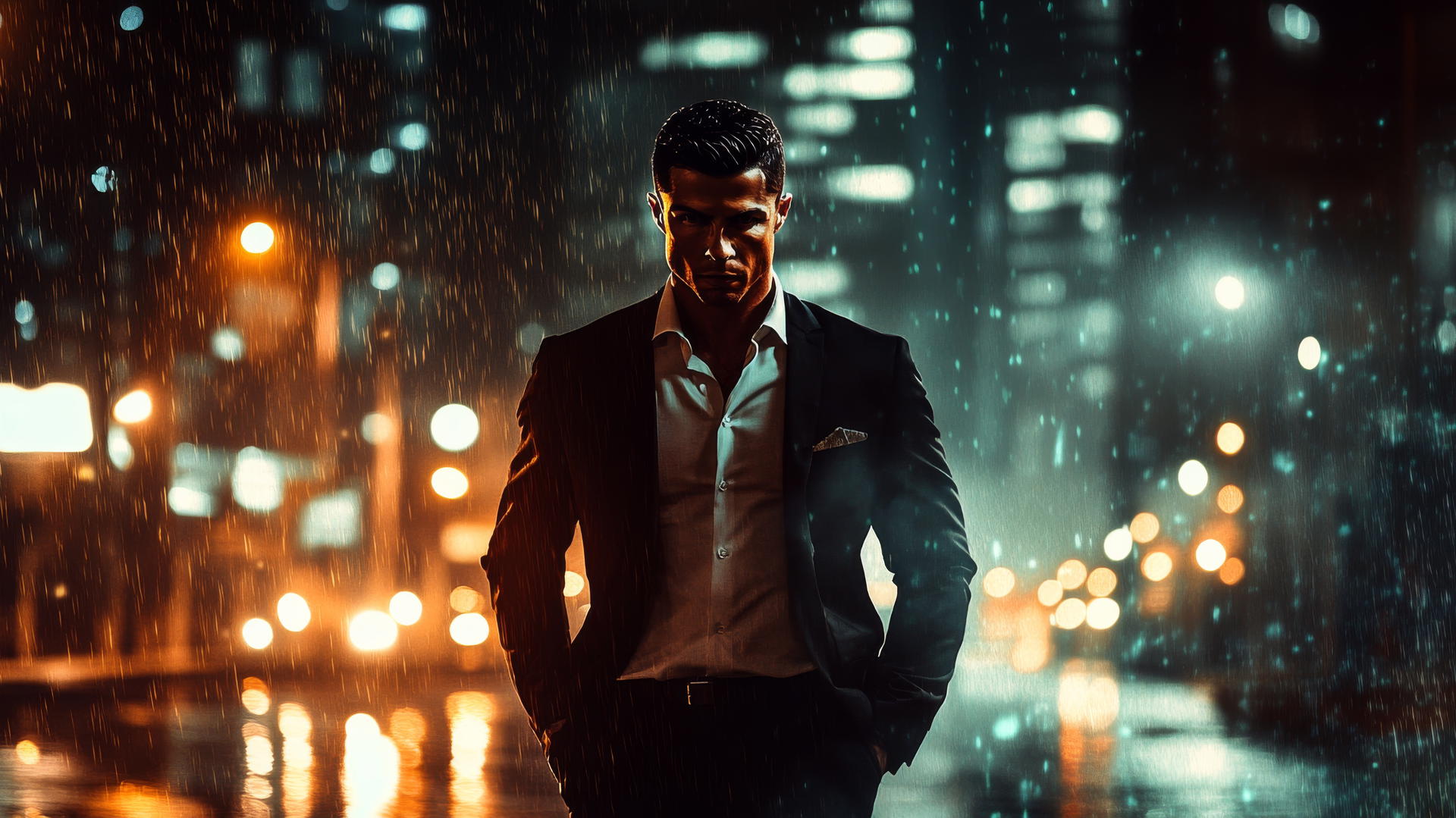 cool ronaldo wallpaper featuring Cristiano Ronaldo in a suit with a dark, moody city skyline