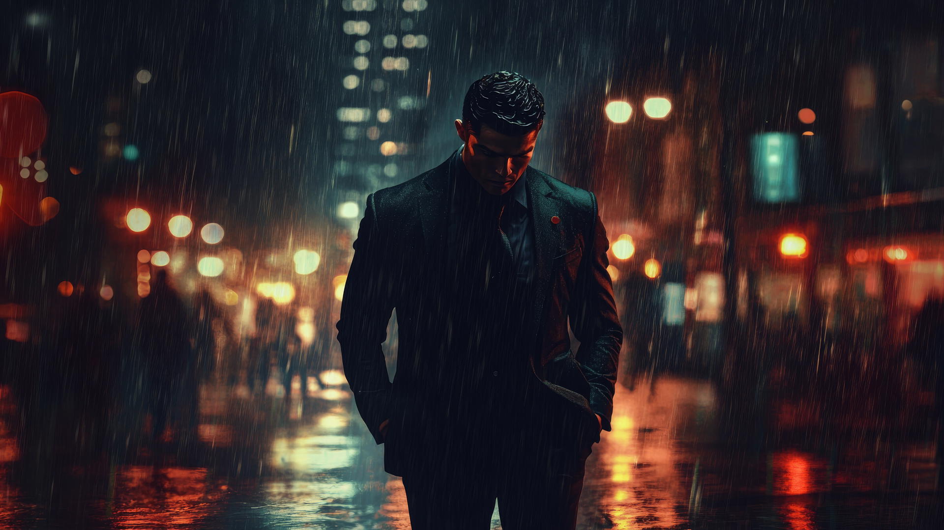 Cool Ronaldo wallpaper, Cristiano Ronaldo in a suit with dark city skyline and streetlights