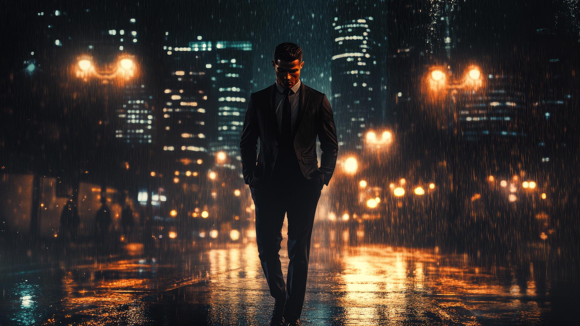 Cristiano Ronaldo 4K wallpaper with dark city skyline, tailored suit, glowing streetlights, and reflections