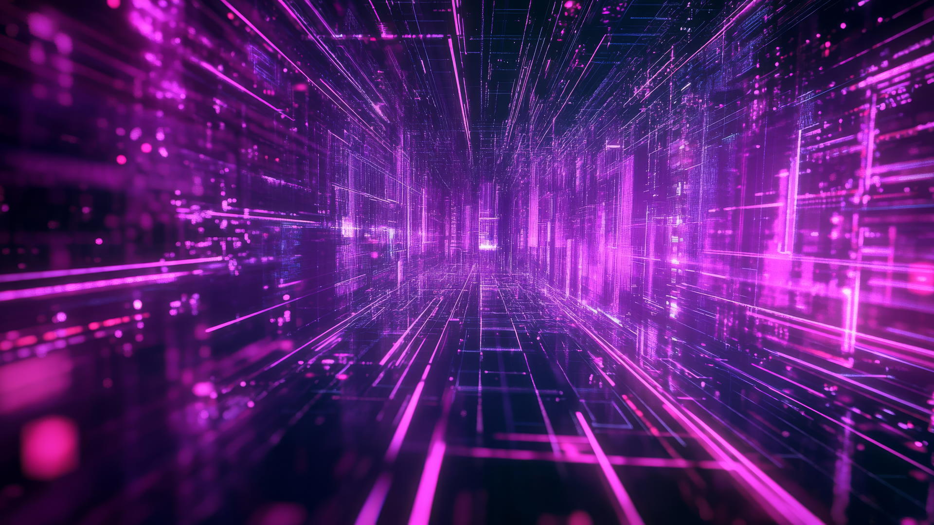 Futuristic purple aesthetic wallpaper 4k with holographic shapes, neon grids, and glitch effects