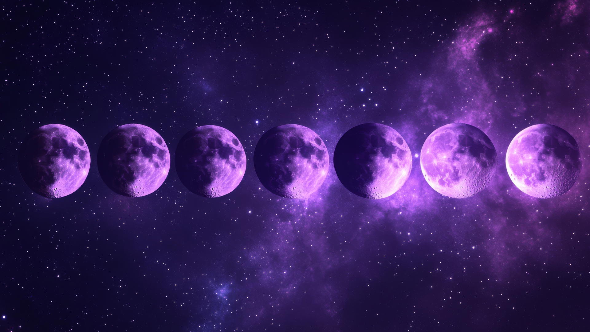 aesthetic purple wallpaper with phases of the moon against a starry night sky