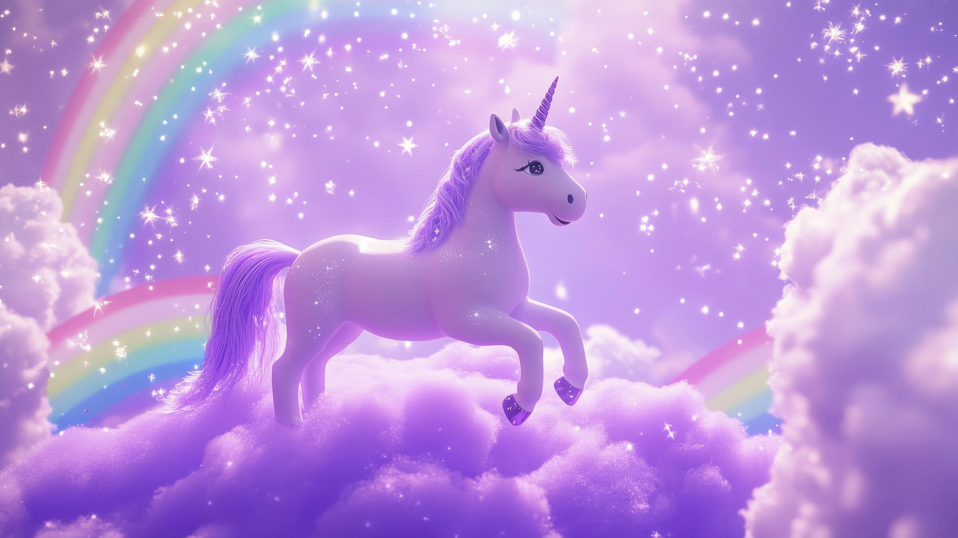 Cute purple aesthetic wallpaper with a chubby unicorn on a purple cloud