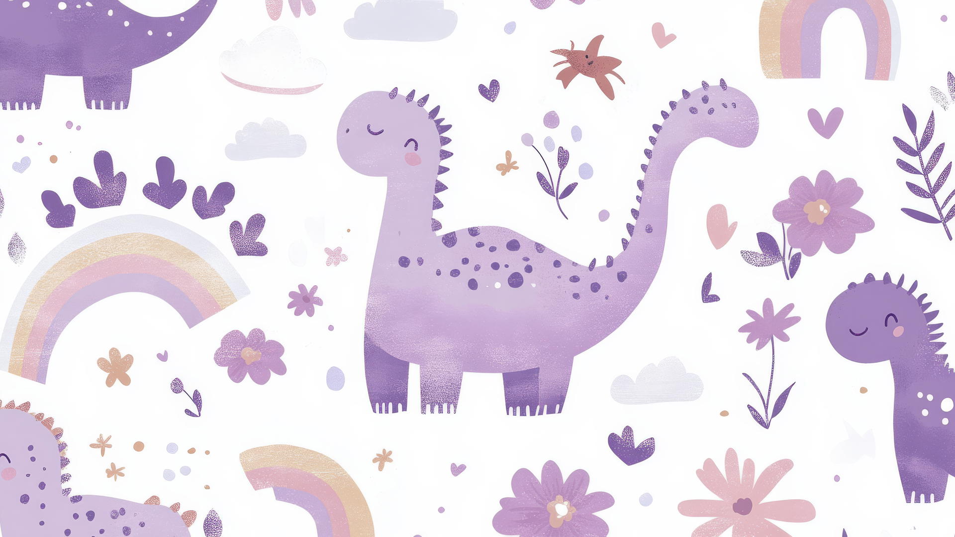cute purple aesthetic wallpaper with tiny dinosaurs, flowers, and rainbows