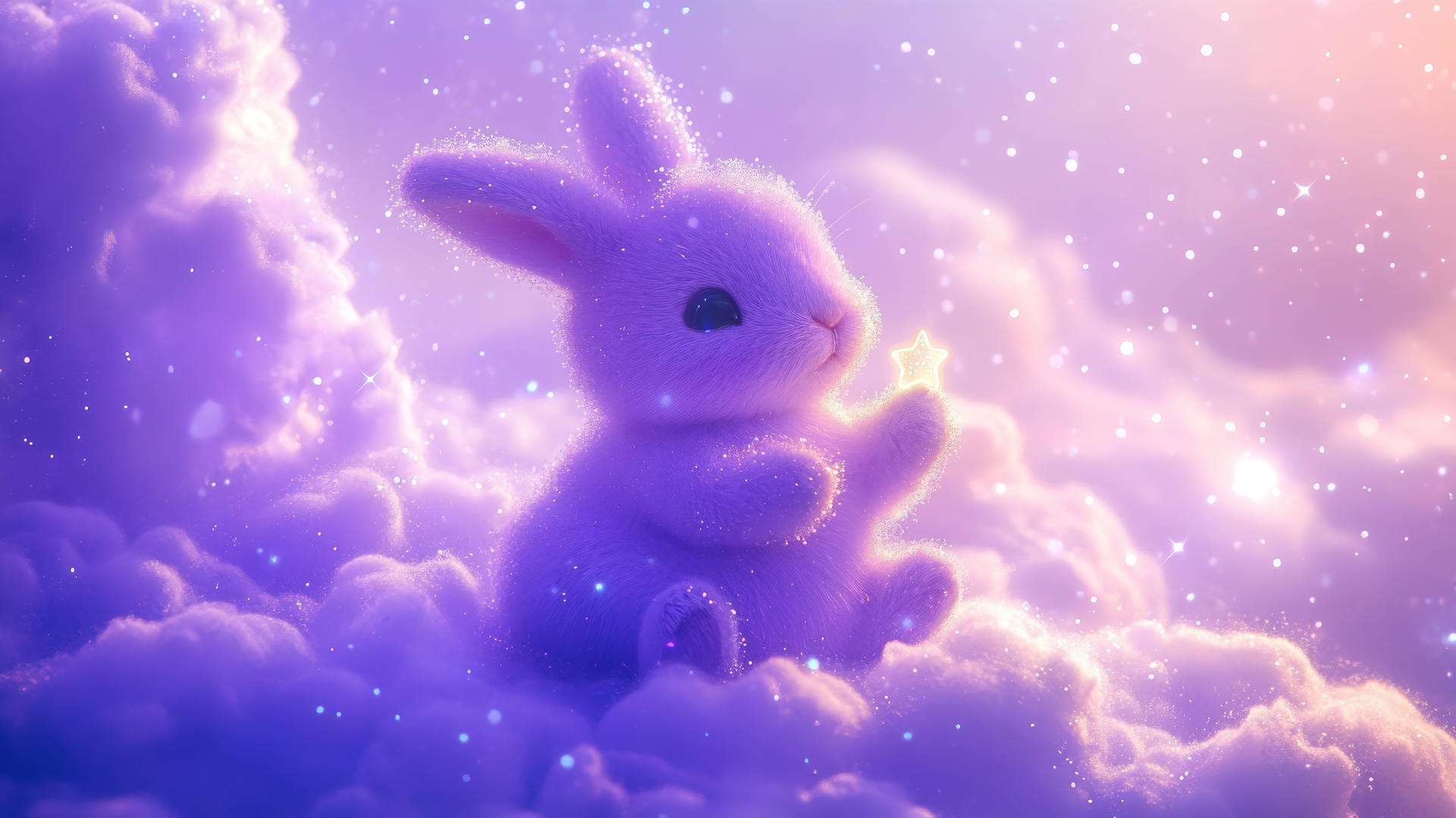 cute purple wallpaper featuring a kawaii bunny holding a tiny star on a fluffy lavender cloud.