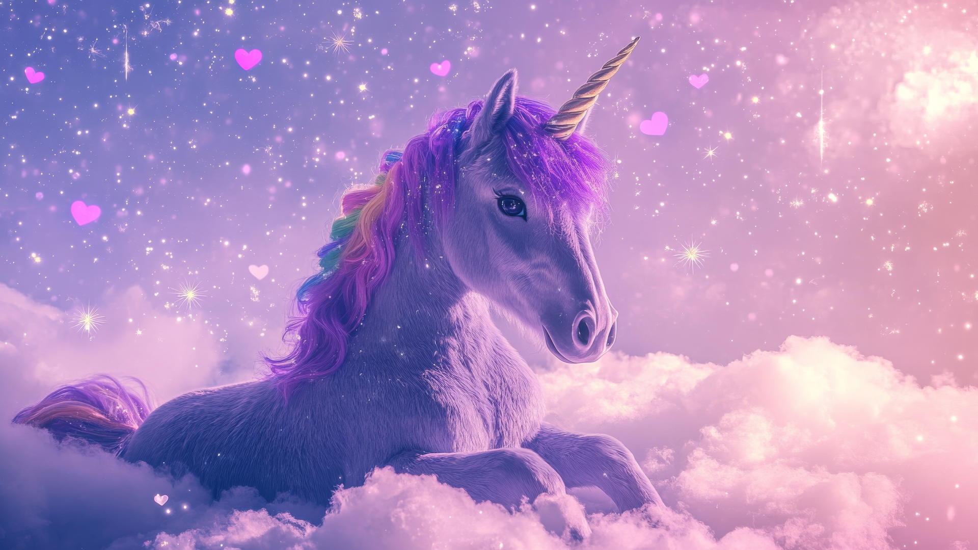 cute purple wallpaper with purple unicorn, rainbow mane, on fluffy cloud, sparkling stars and pastel hearts