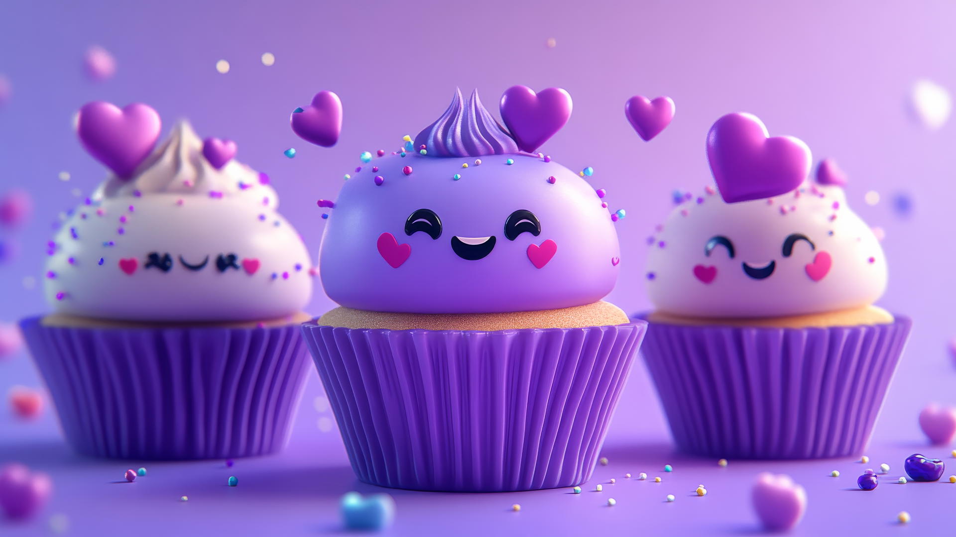cute purple wallpaper with cartoon cupcakes, sprinkles, candies, and glowing hearts