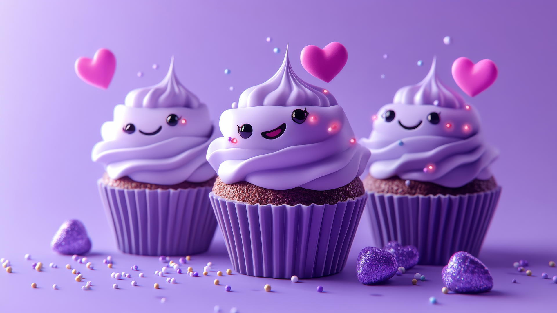 cute purple wallpaper with smiling cartoon cupcakes, sprinkles, candies, and glowing hearts