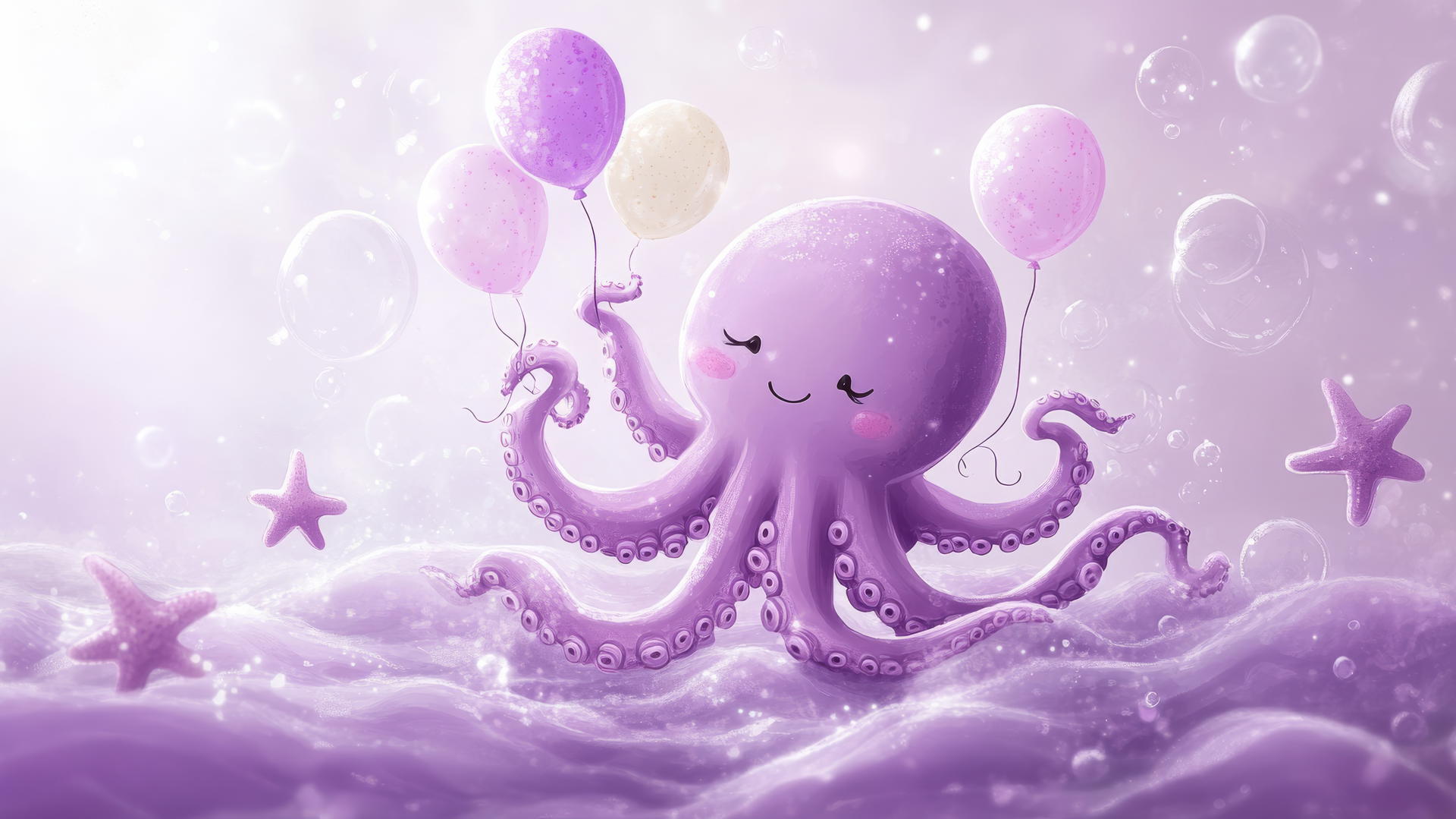 cute purple wallpaper of an adorable octopus with balloons in purple waves