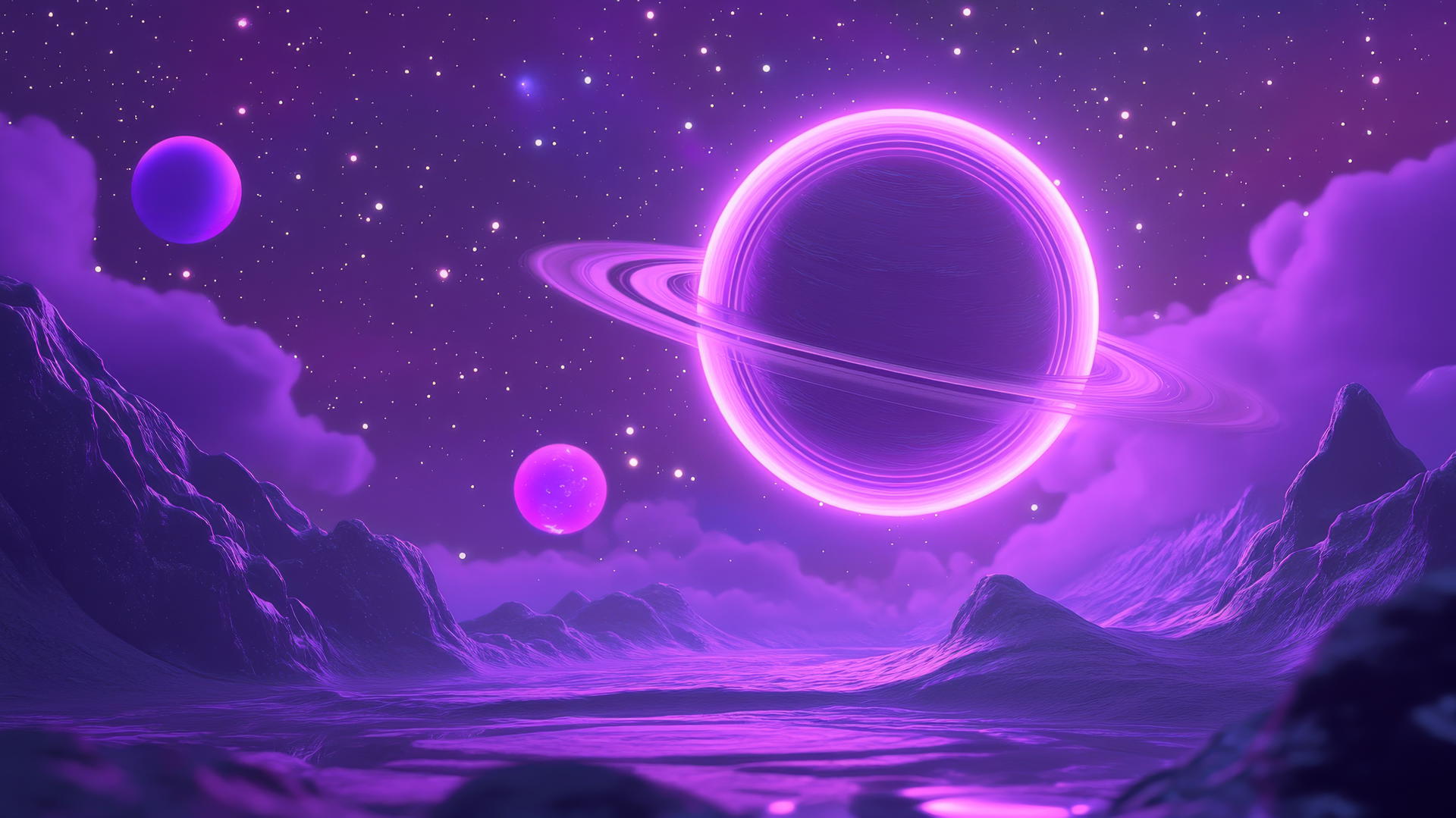 Neon purple aesthetic wallpaper with glowing stars, neon planets, and a large ringed planet.
