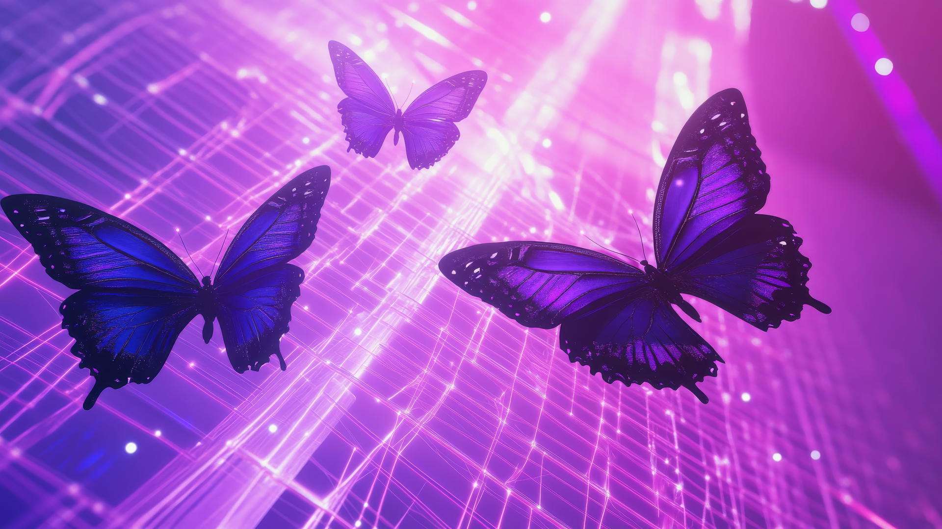 neon purple aesthetic wallpaper with holographic butterflies on a glowing digital grid