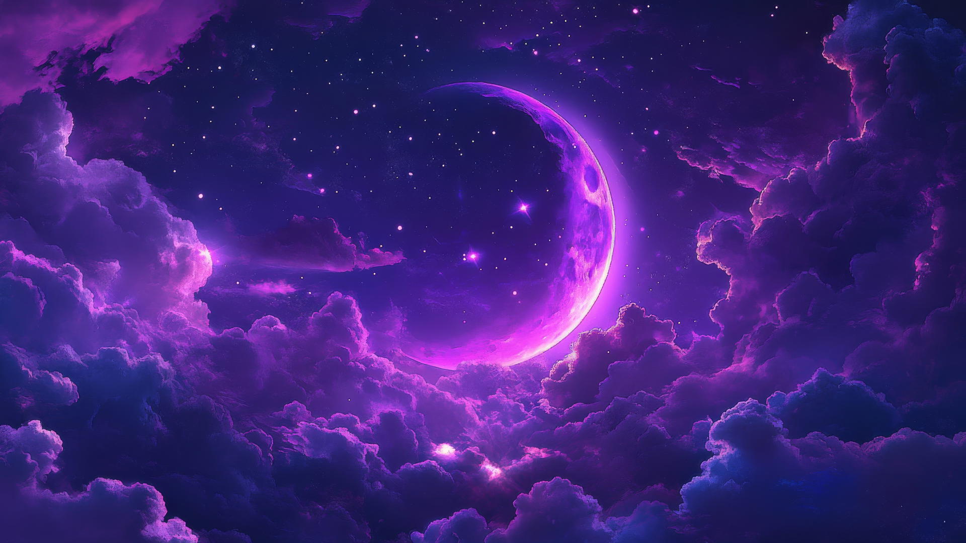 neon purple aesthetic wallpaper with glowing crescent moon and stars