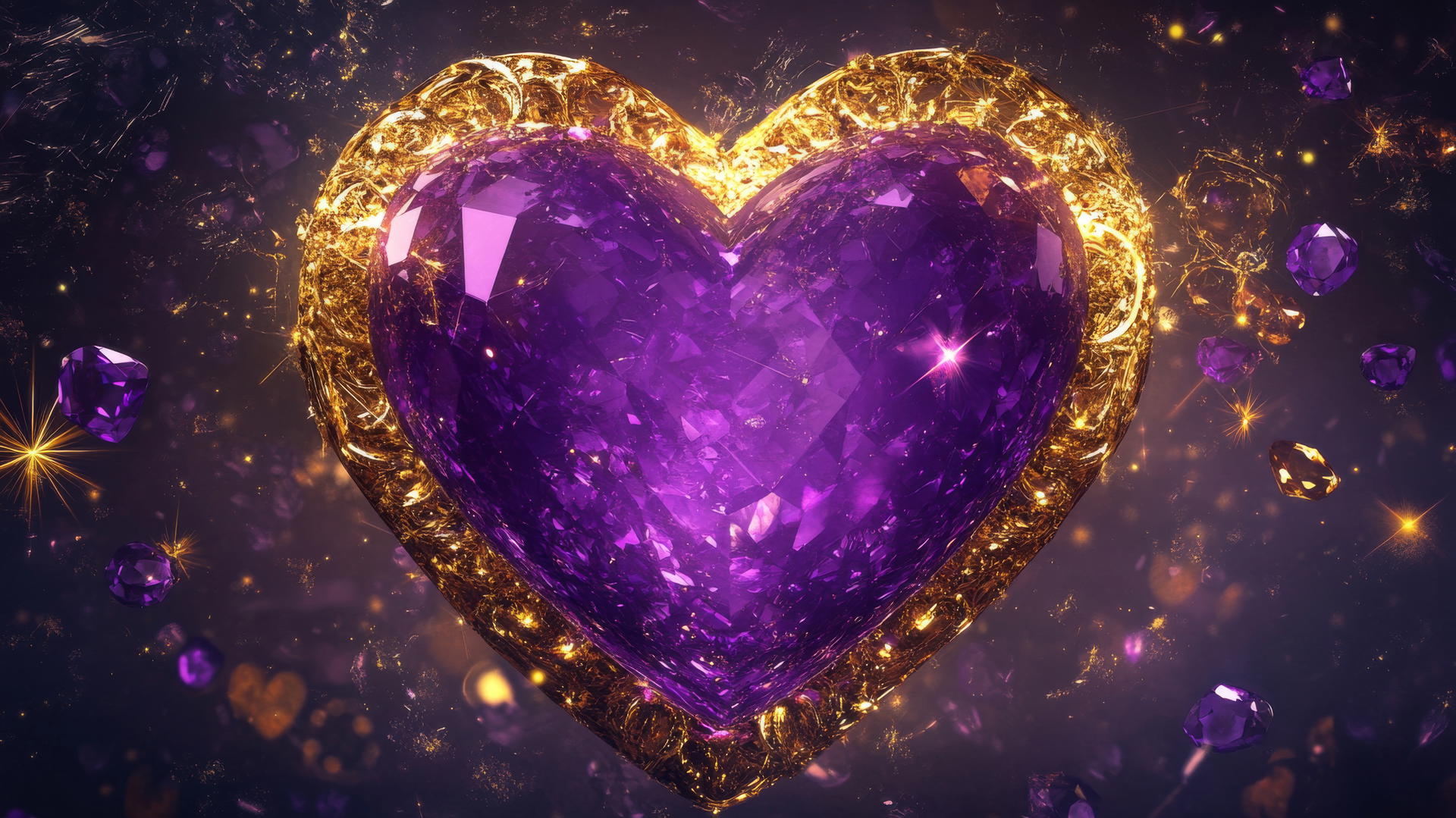 luxurious purple heart wallpaper with gemstone heart, golden sparkles