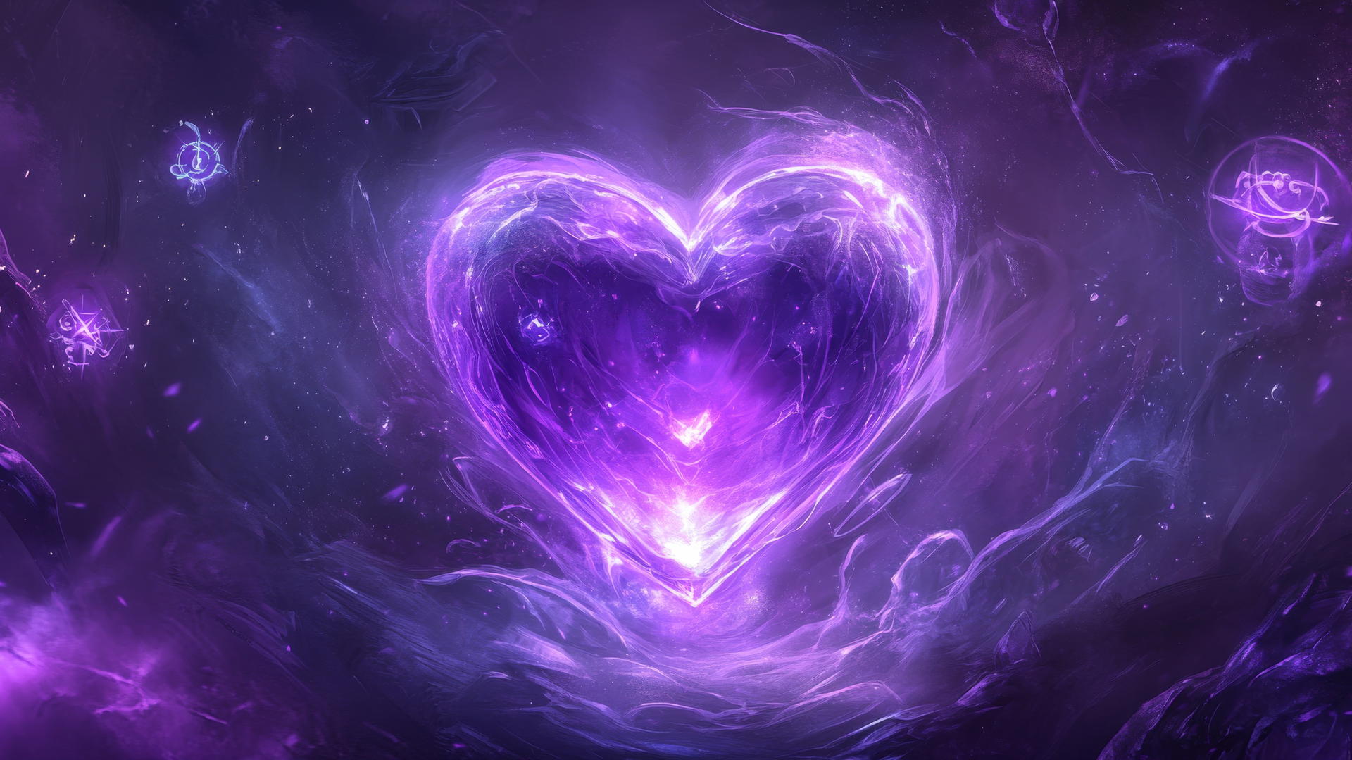 purple heart wallpaper with glowing crystal heart and magical symbols