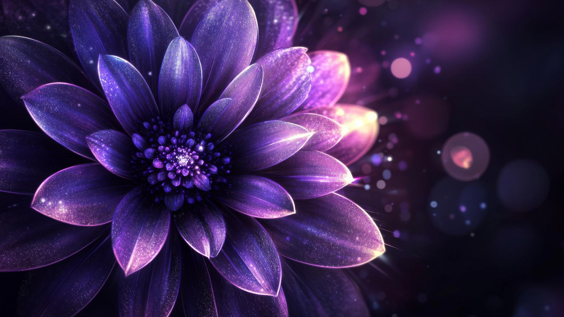 Purple flower wallpaper with neon petals, dark background, sparkles, light effects