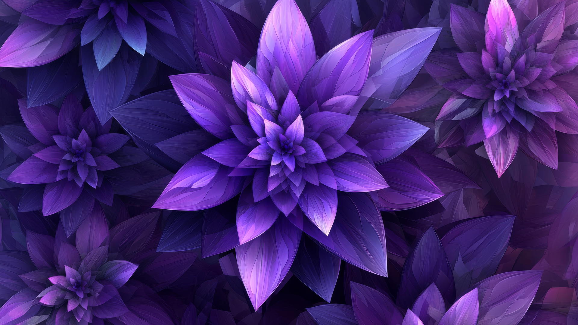 A geometric purple flower wallpaper with abstract shapes and sharp, angular petal designs.