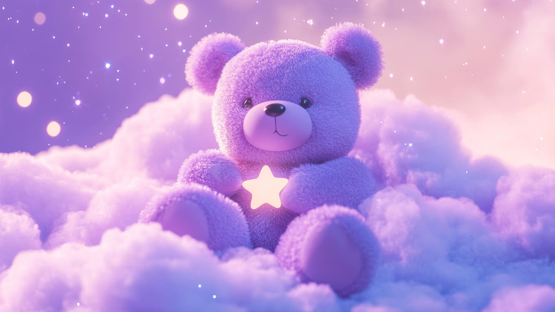 cute purple wallpaper with a kawaii bear holding a tiny star, on a fluffy lavender cloud with twinkling lights