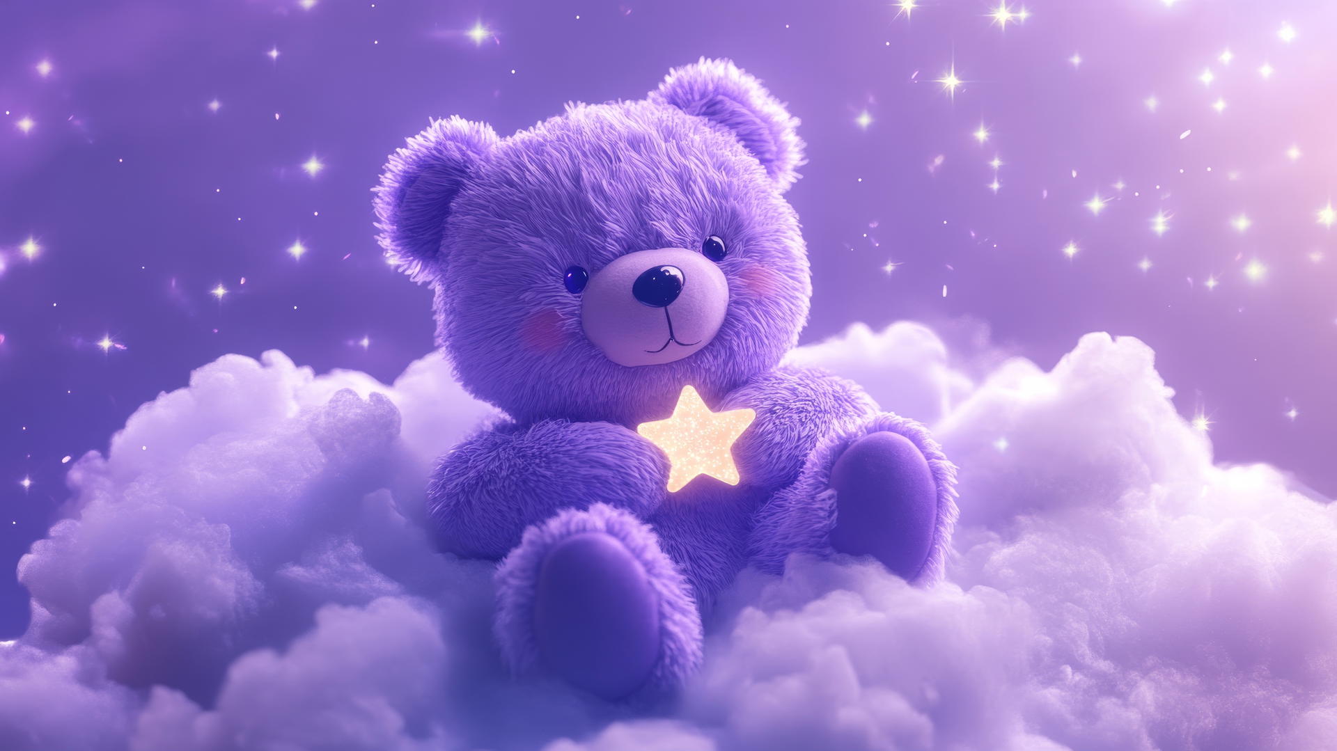 cute purple wallpaper with a kawaii bear holding a tiny star on a fluffy lavender cloud with soft sparkles